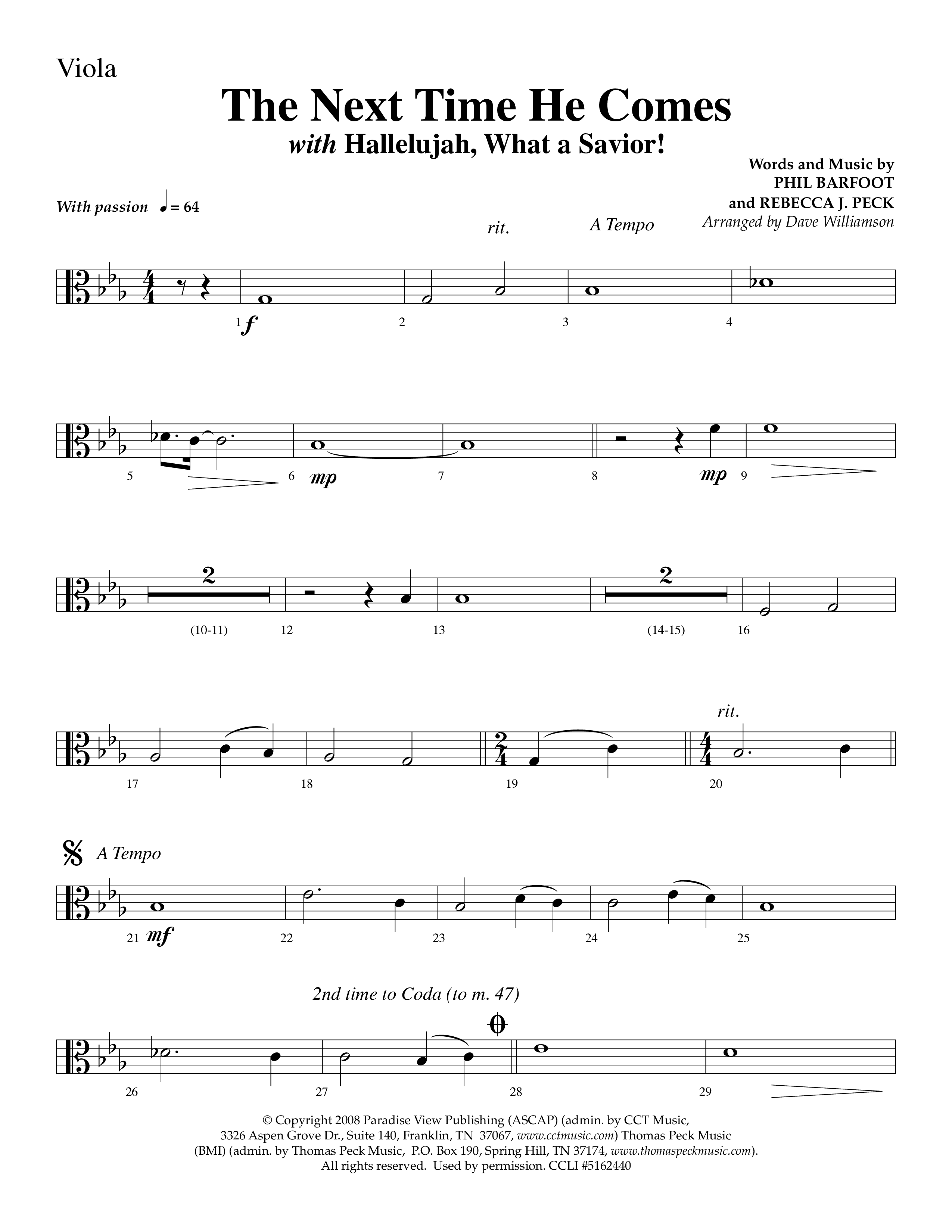 The Next Time He Comes (with Hallelujah What A Savior) (Choral Anthem SATB) Viola (Lifeway Choral / Arr. Dave Williamson)