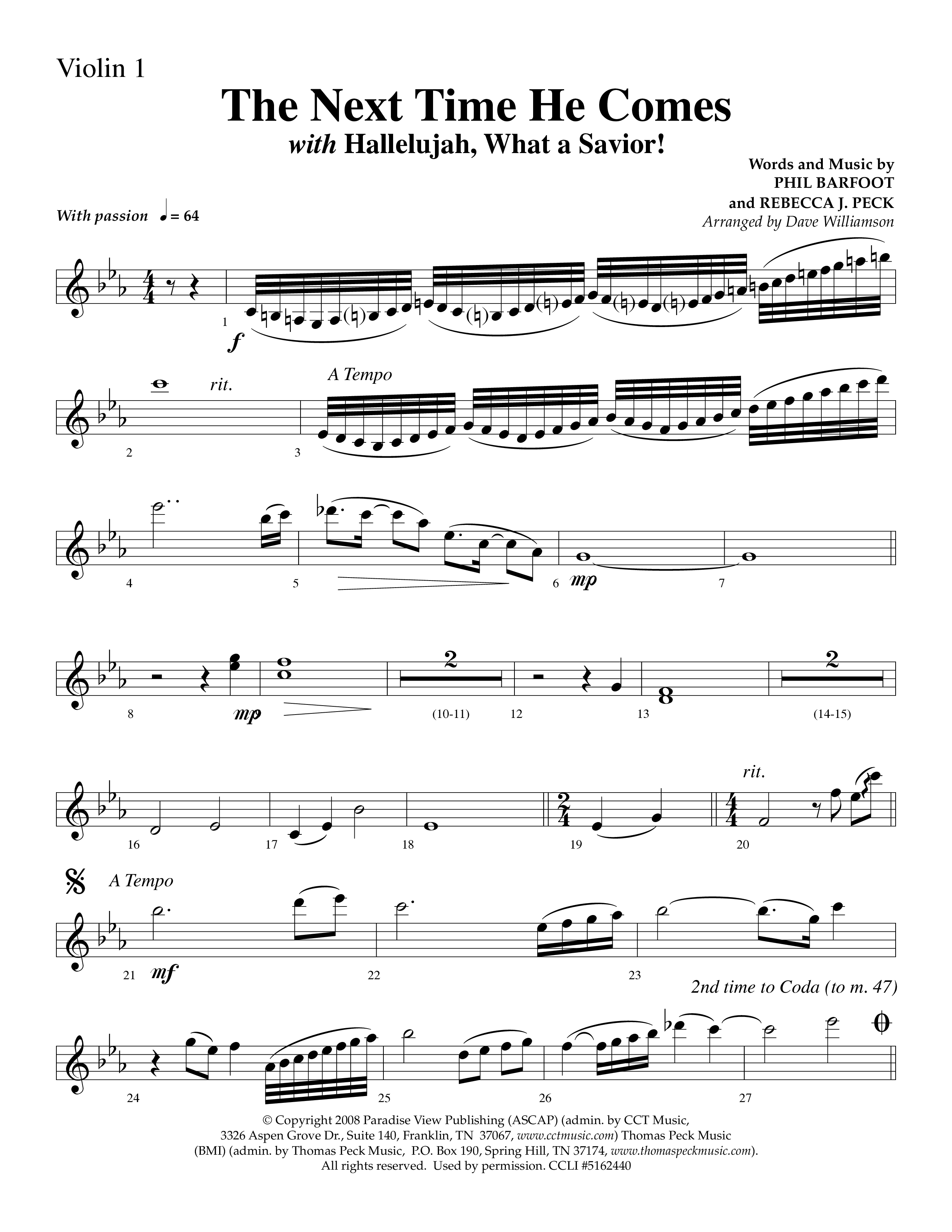 The Next Time He Comes (with Hallelujah What A Savior) (Choral Anthem SATB) Violin 1 (Lifeway Choral / Arr. Dave Williamson)
