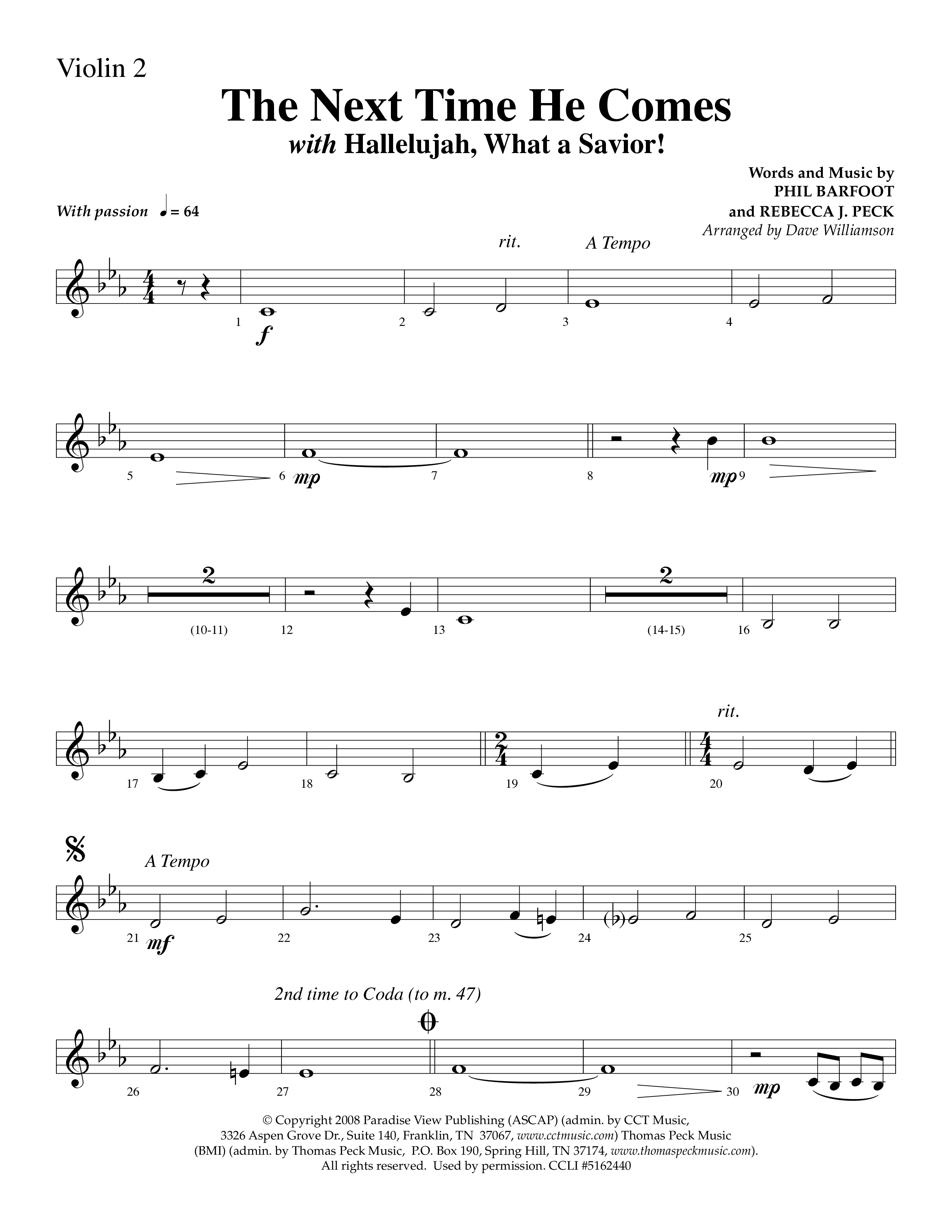 The Next Time He Comes (with Hallelujah What A Savior) (Choral Anthem SATB) Violin 2 (Lifeway Choral / Arr. Dave Williamson)