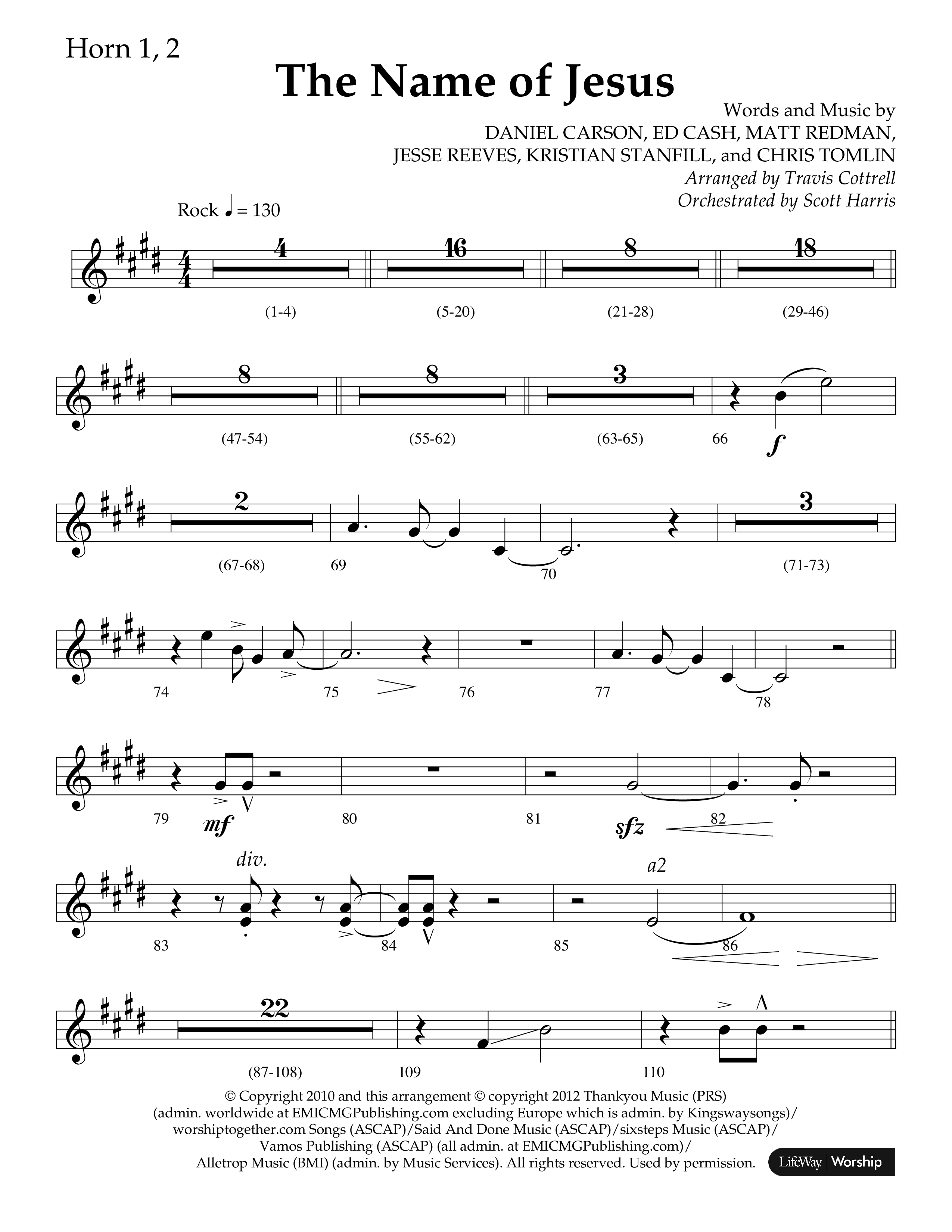 The Name Of Jesus (Choral Anthem SATB) French Horn 1/2 (Lifeway Choral / Arr. Travis Cottrell / Orch. Scott Harris)