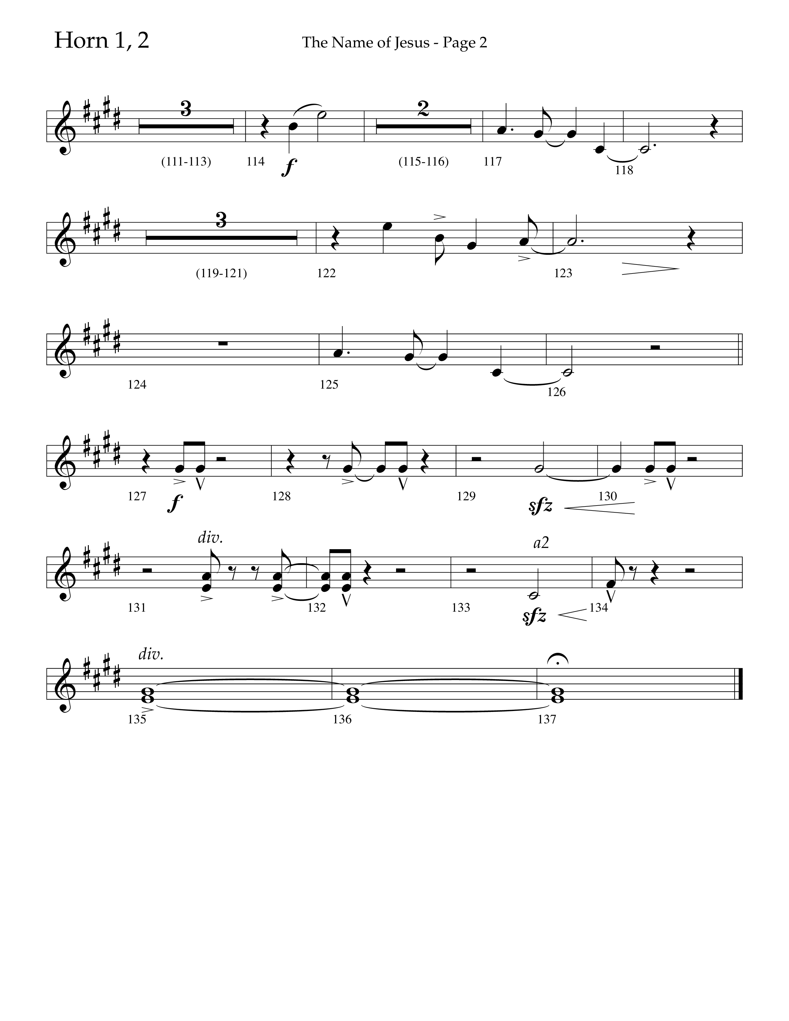 The Name Of Jesus (Choral Anthem SATB) French Horn 1/2 (Lifeway Choral / Arr. Travis Cottrell / Orch. Scott Harris)