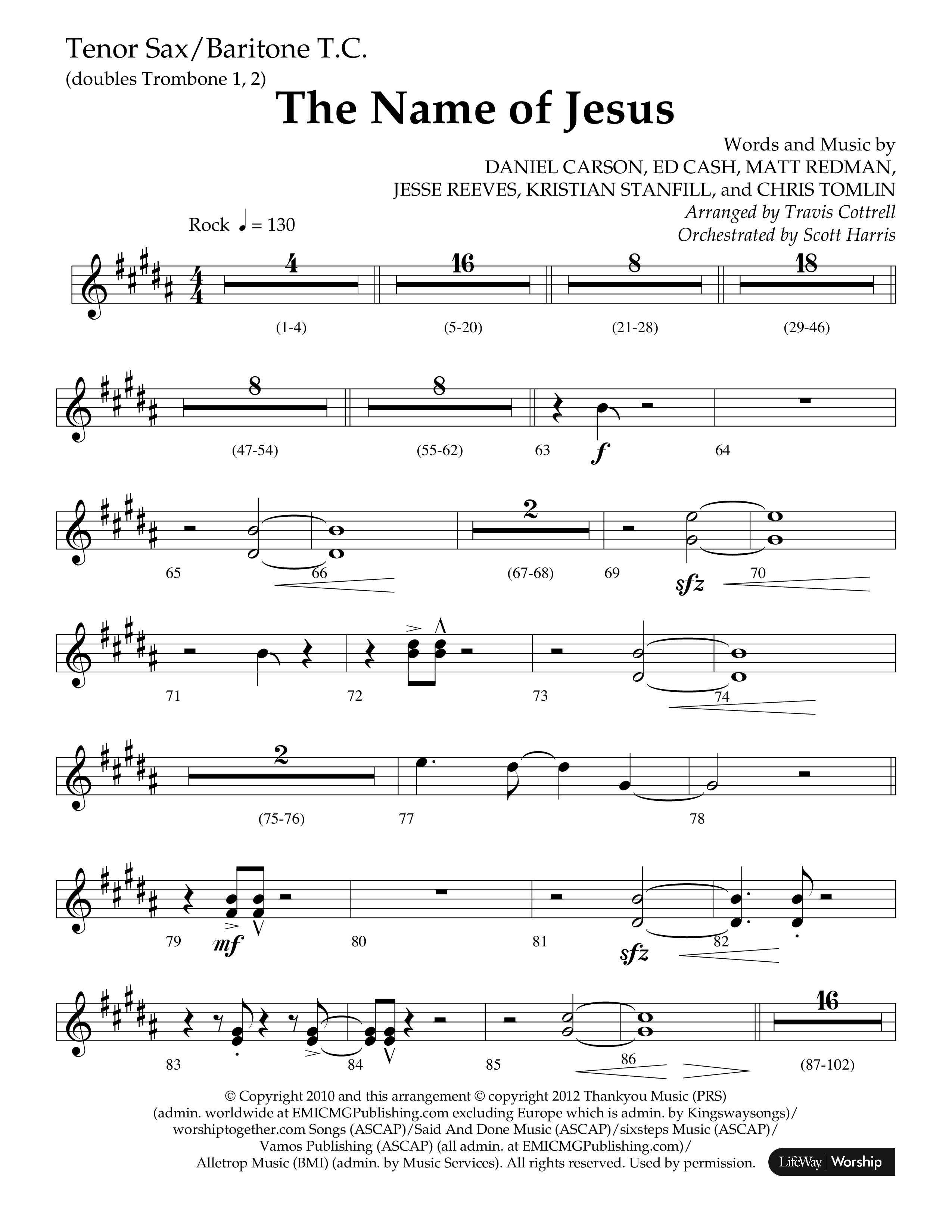 The Name Of Jesus (Choral Anthem SATB) Tenor Sax/Baritone T.C. (Lifeway Choral / Arr. Travis Cottrell / Orch. Scott Harris)