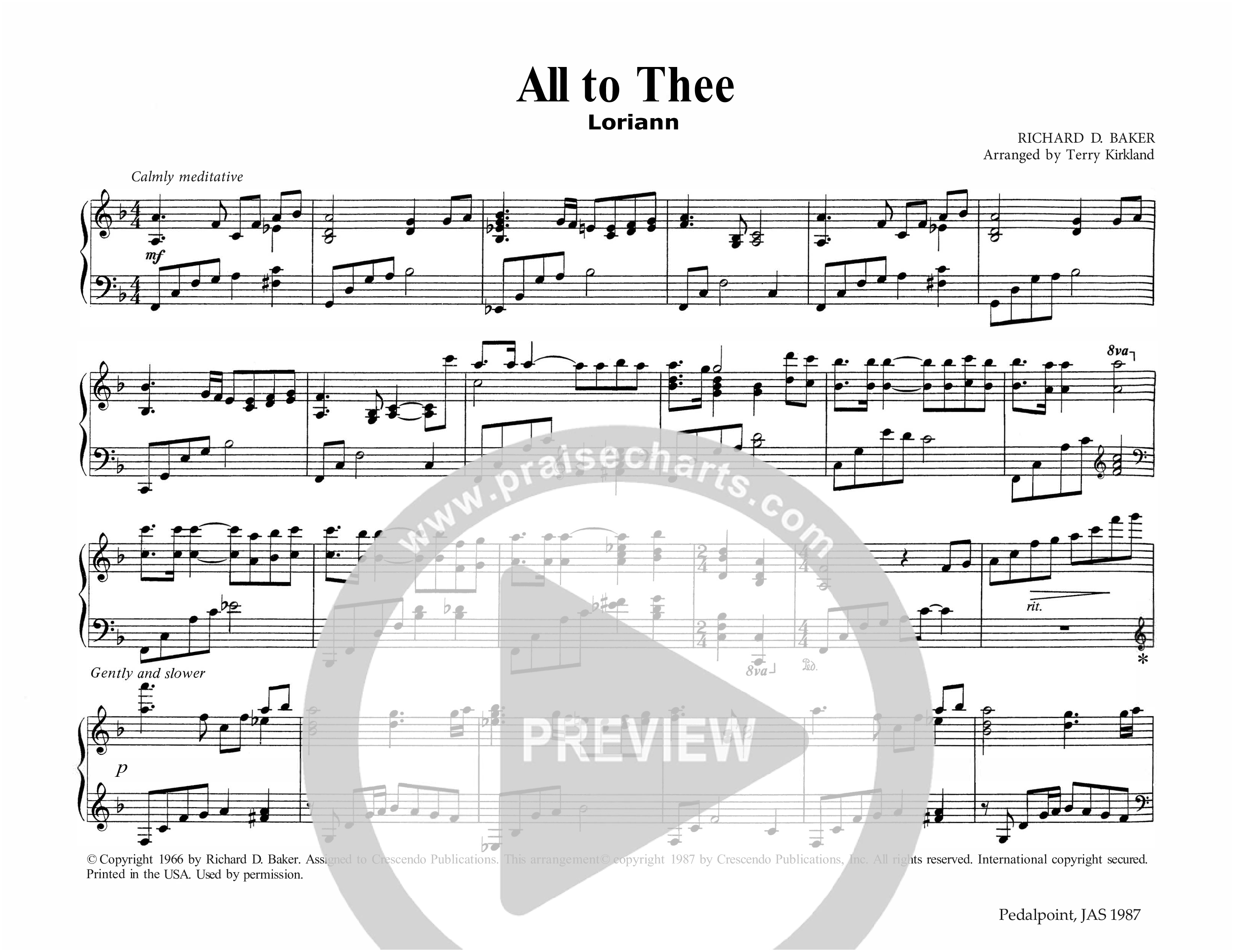 All To Thee (Instrumental) Piano Sheet (Lifeway Worship / Arr. Terry Kirkland)