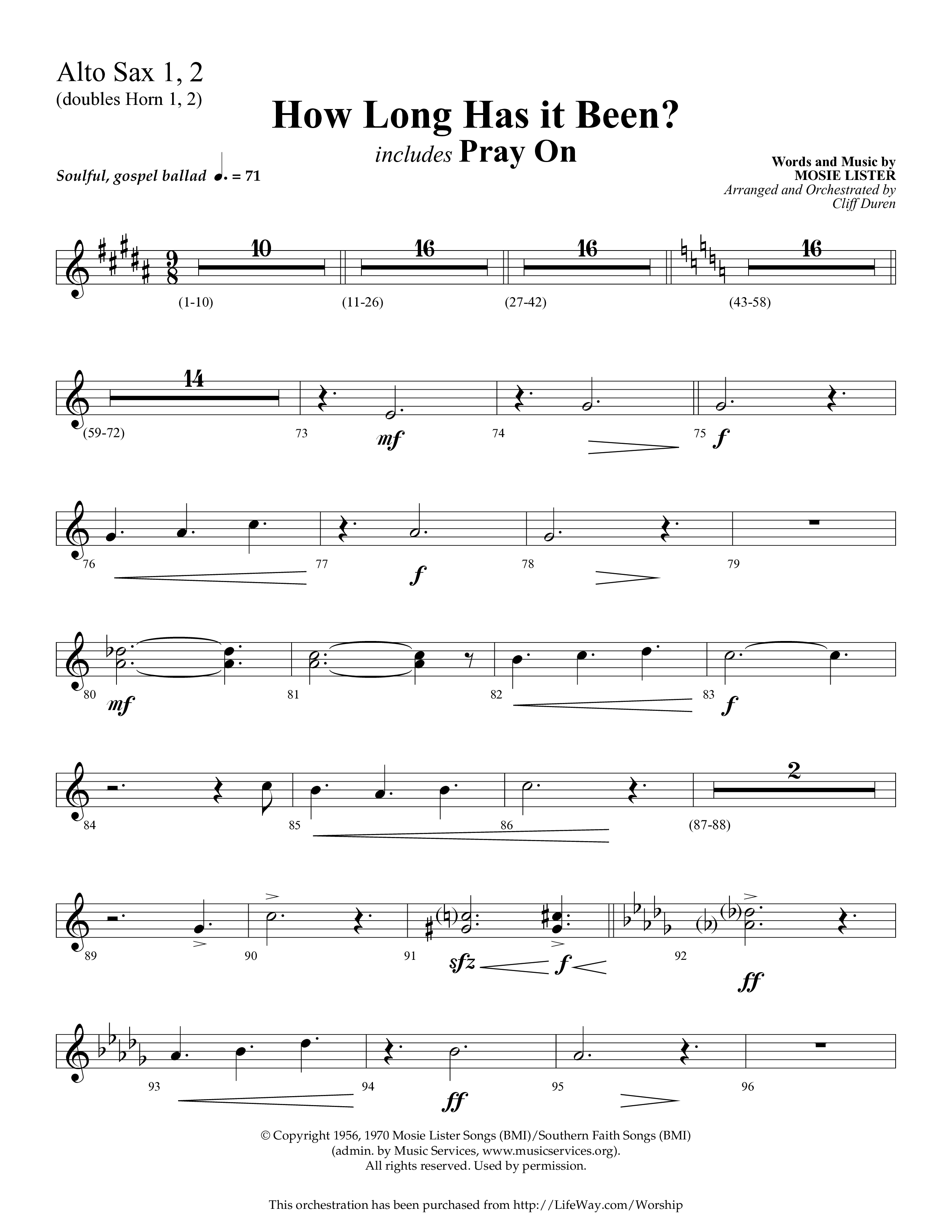 How Long Has It Been (with Pray On) (Choral Anthem SATB) Alto Sax 1/2 (Lifeway Choral / Arr. Cliff Duren)