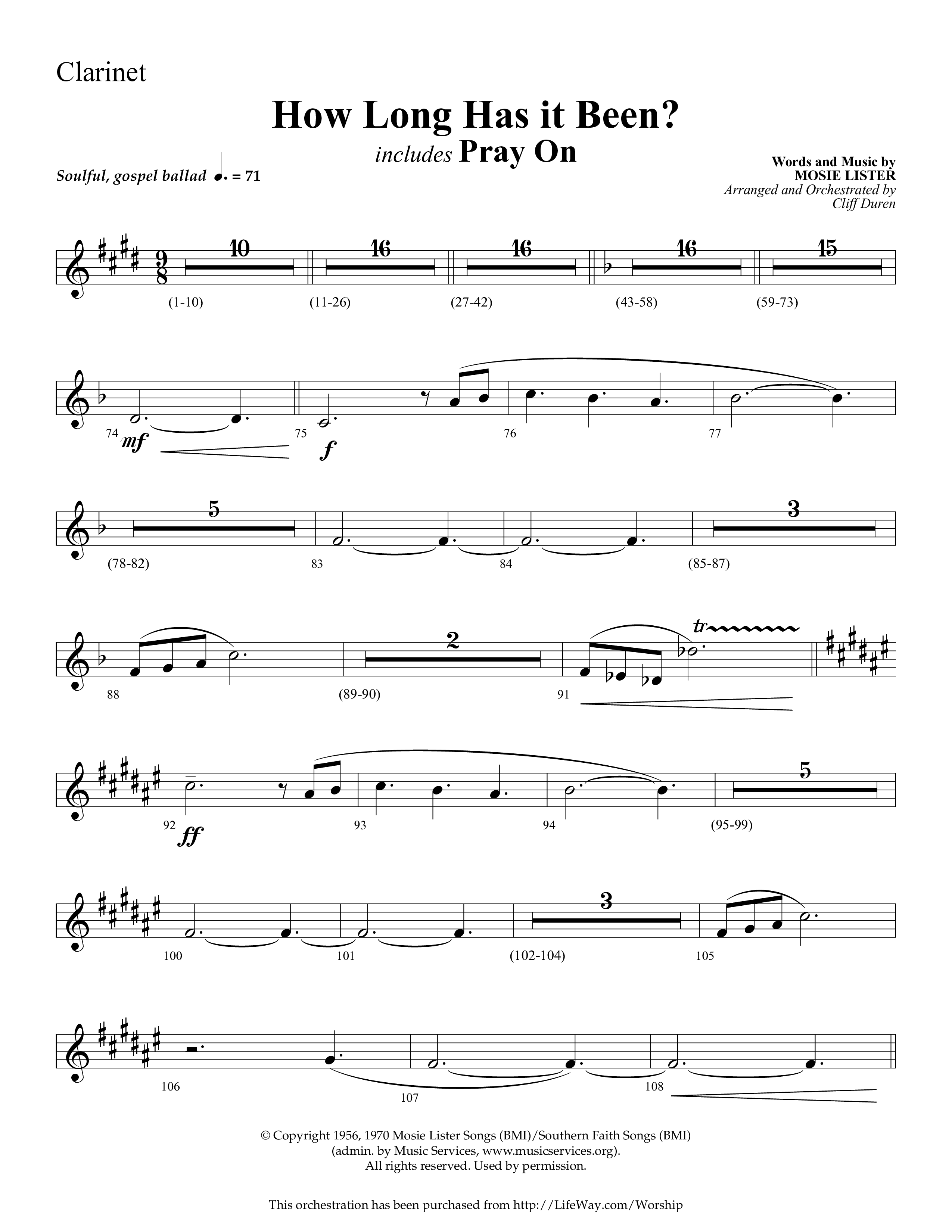 How Long Has It Been (with Pray On) (Choral Anthem SATB) Clarinet 1/2 (Lifeway Choral / Arr. Cliff Duren)