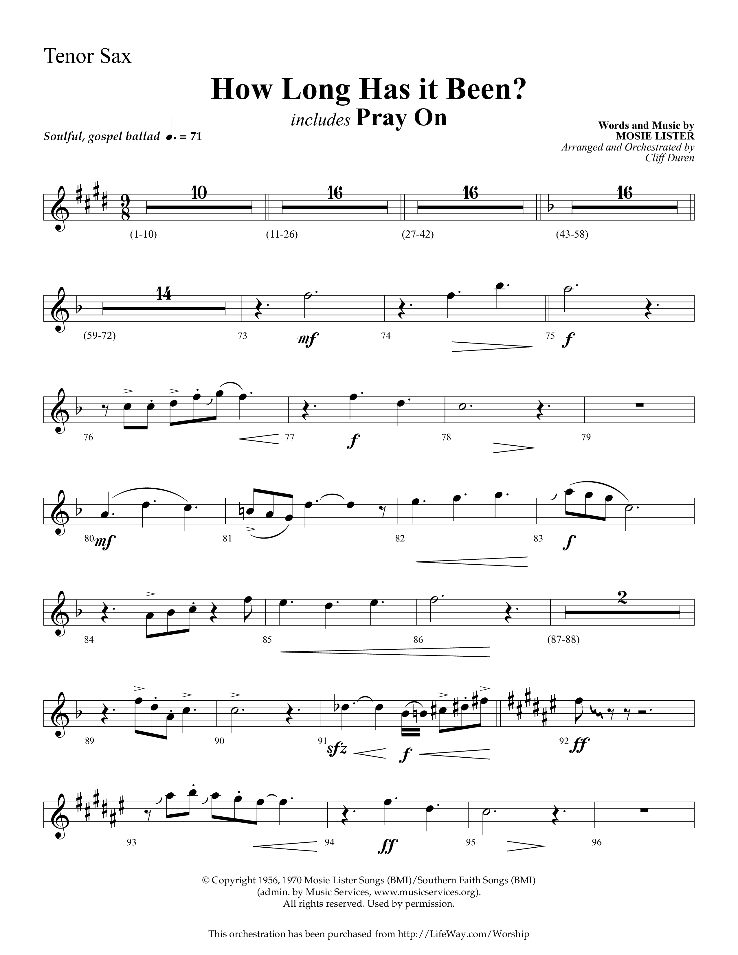 How Long Has It Been (with Pray On) (Choral Anthem SATB) Tenor Sax 1 (Lifeway Choral / Arr. Cliff Duren)