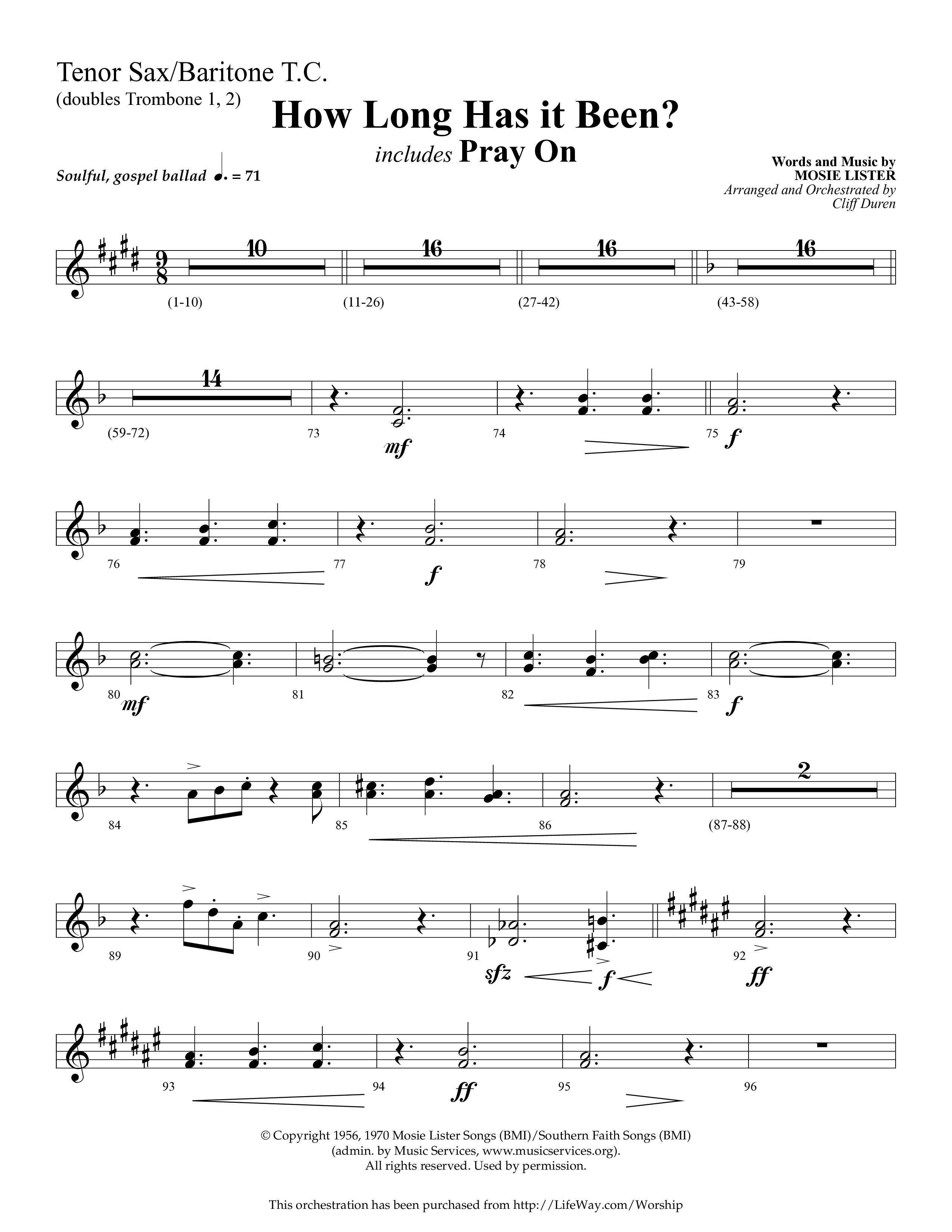 How Long Has It Been (with Pray On) (Choral Anthem SATB) Tenor Sax/Baritone T.C. (Lifeway Choral / Arr. Cliff Duren)
