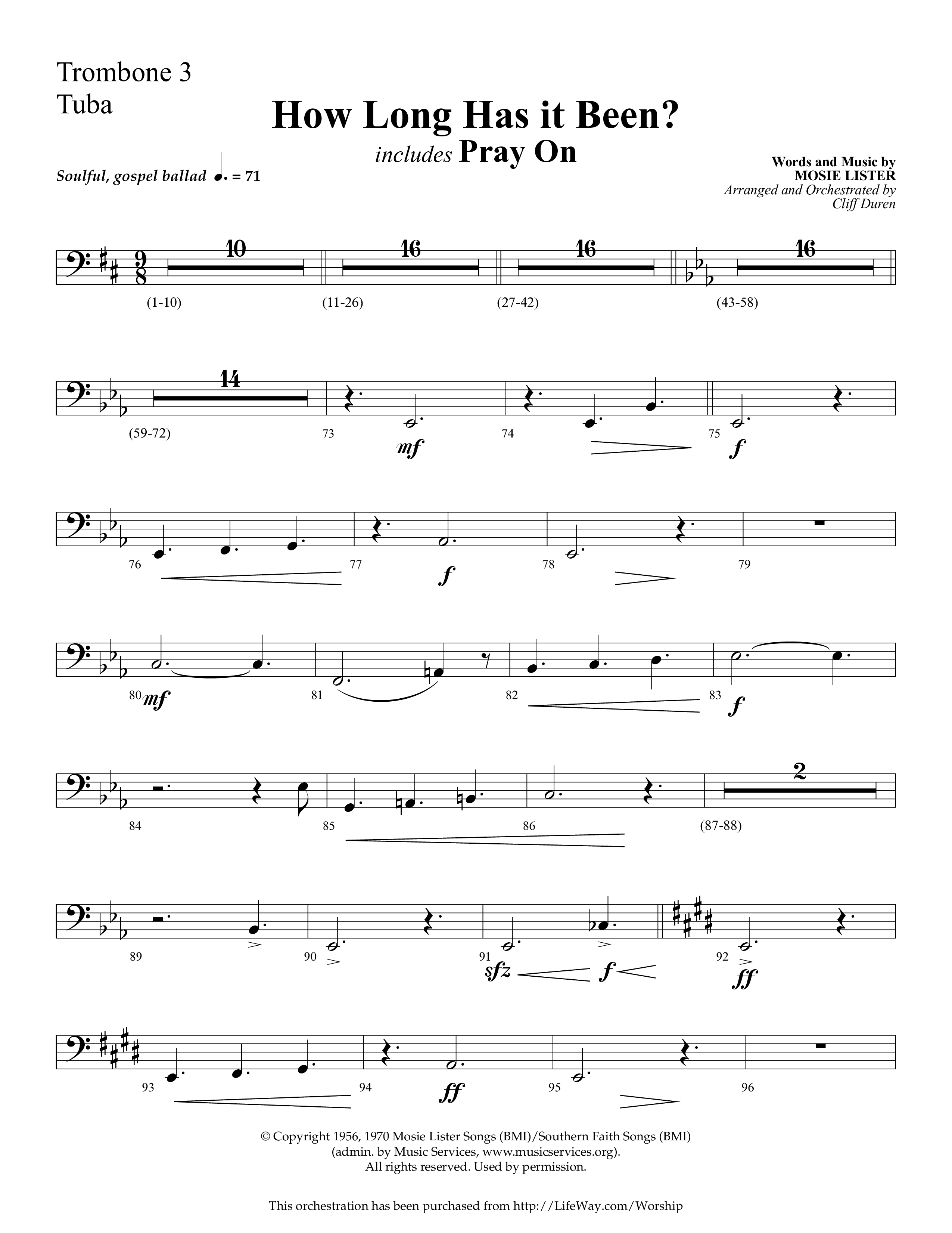 How Long Has It Been (with Pray On) (Choral Anthem SATB) Trombone 3/Tuba (Lifeway Choral / Arr. Cliff Duren)