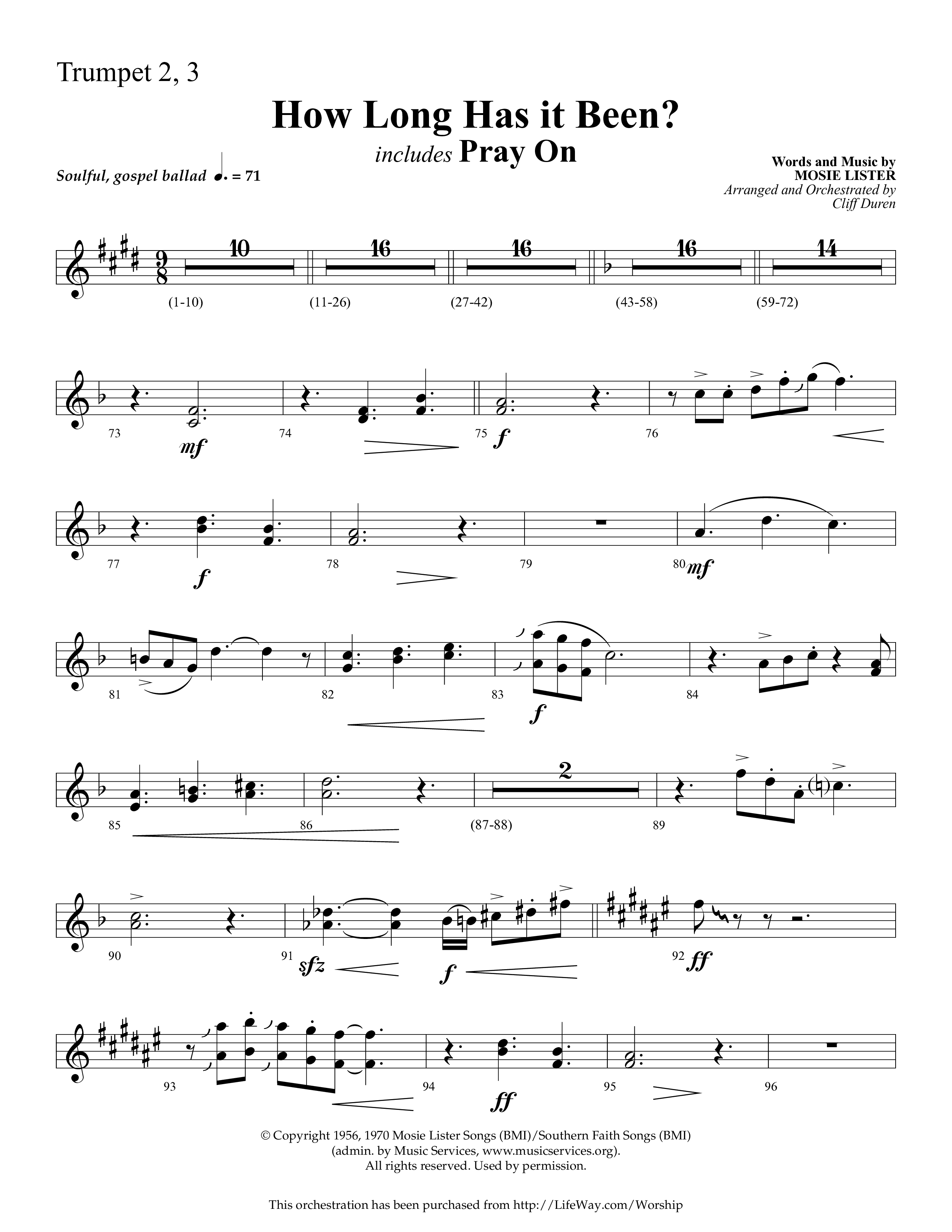 How Long Has It Been (with Pray On) (Choral Anthem SATB) Trumpet 2/3 (Lifeway Choral / Arr. Cliff Duren)