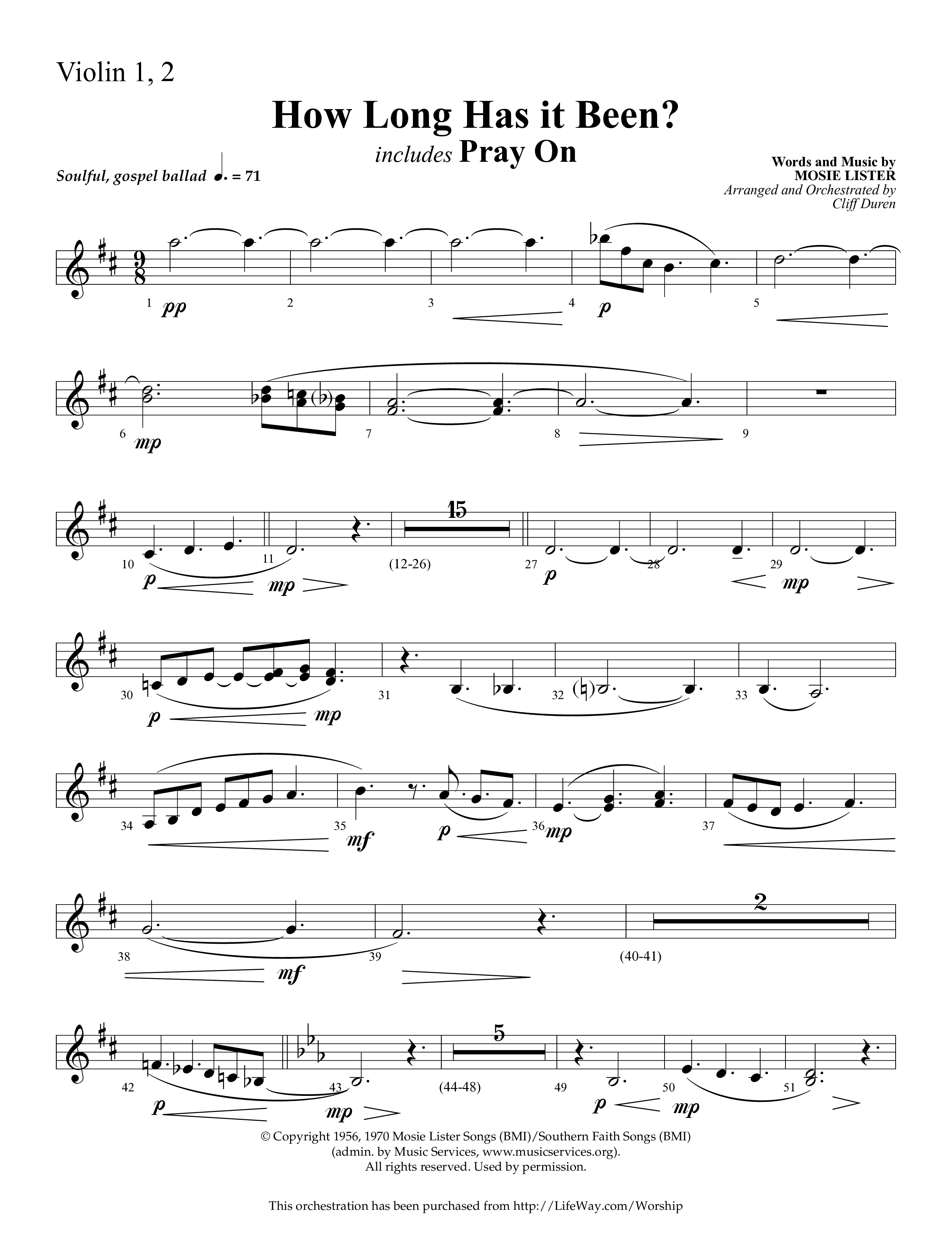 How Long Has It Been (with Pray On) (Choral Anthem SATB) Violin 1/2 (Lifeway Choral / Arr. Cliff Duren)