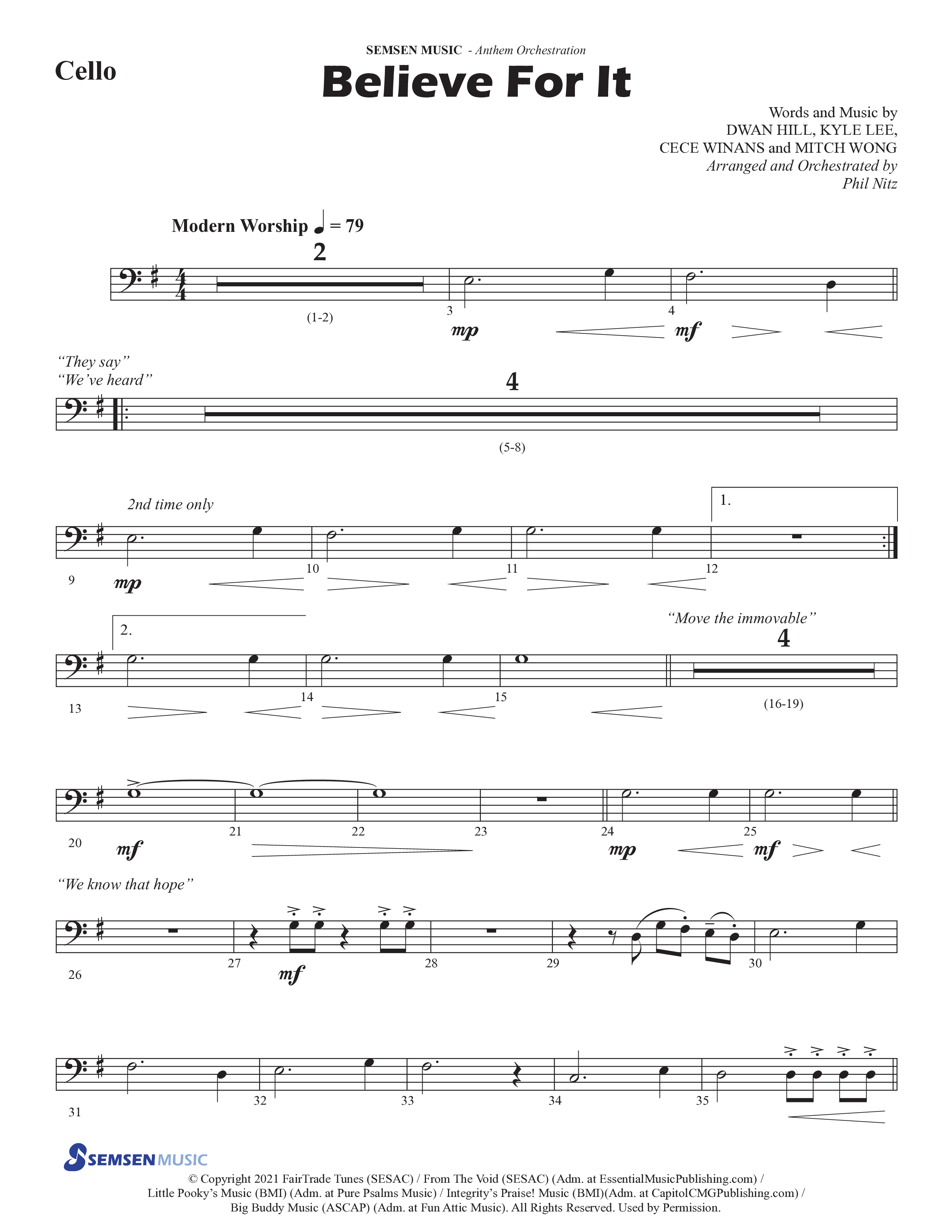 Believe For It (Choral Anthem SATB) Cello (Semsen Music / Arr. Phil Nitz)