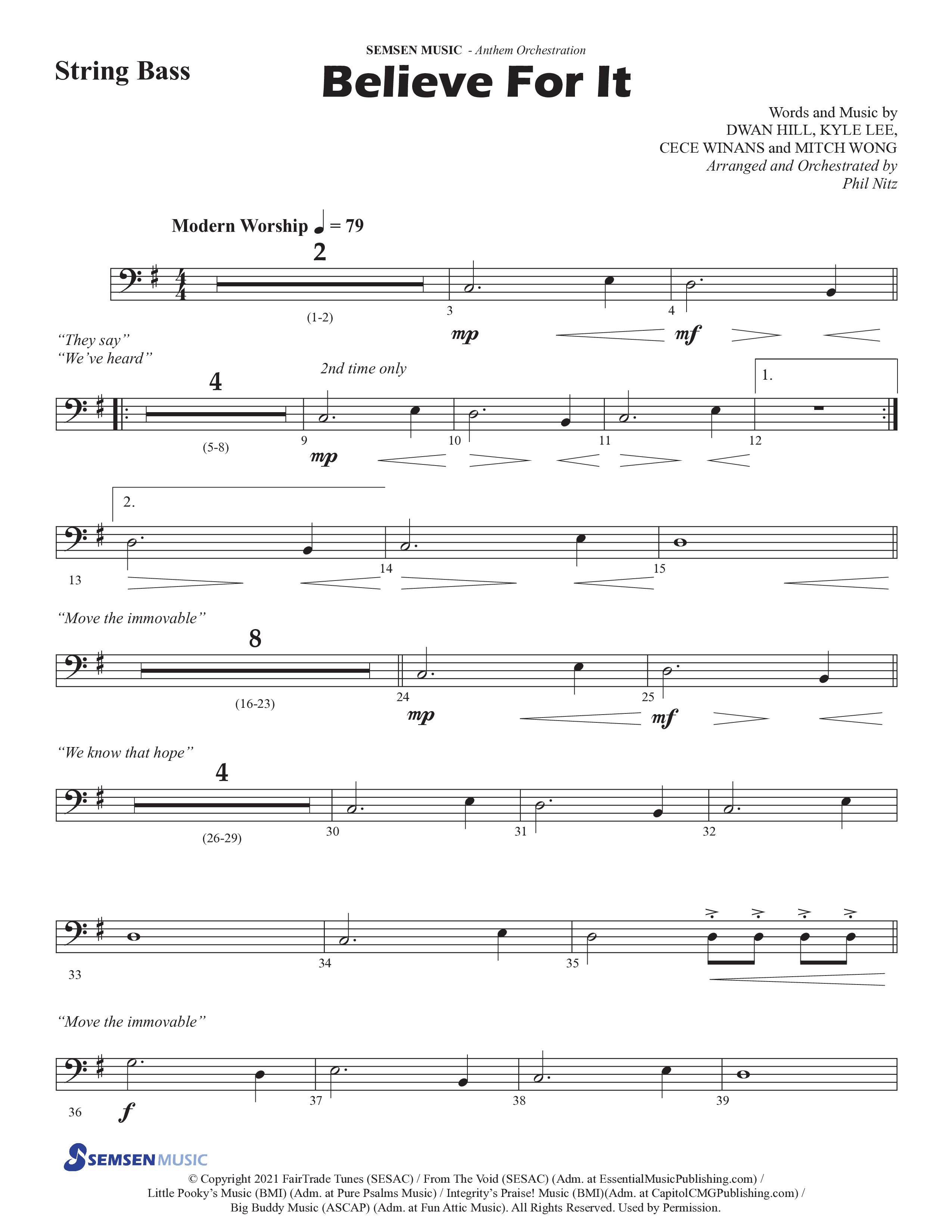 Believe For It (Choral Anthem SATB) String Bass (Semsen Music / Arr. Phil Nitz)