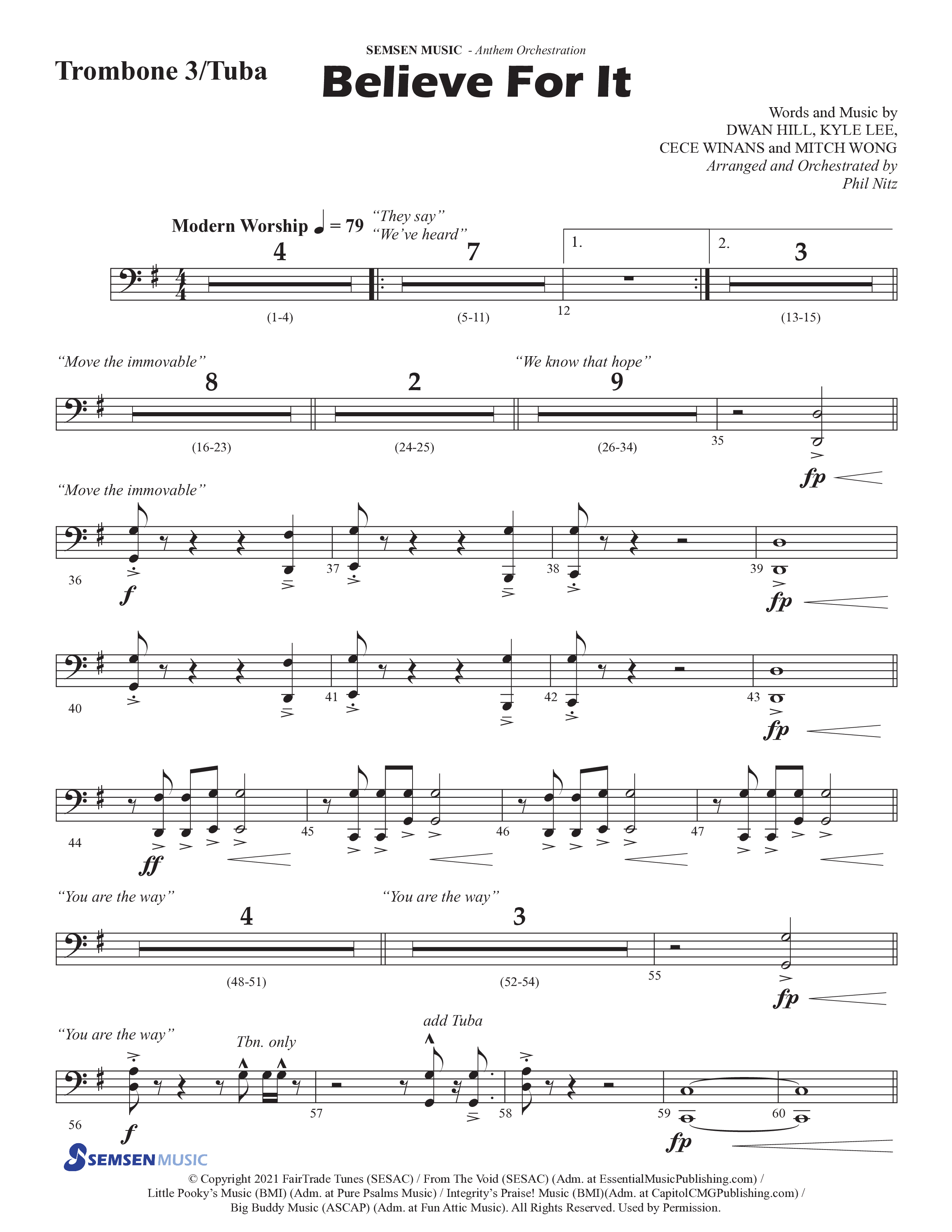 Believe For It (Choral Anthem SATB) Trombone 3/Tuba (Semsen Music / Arr. Phil Nitz)