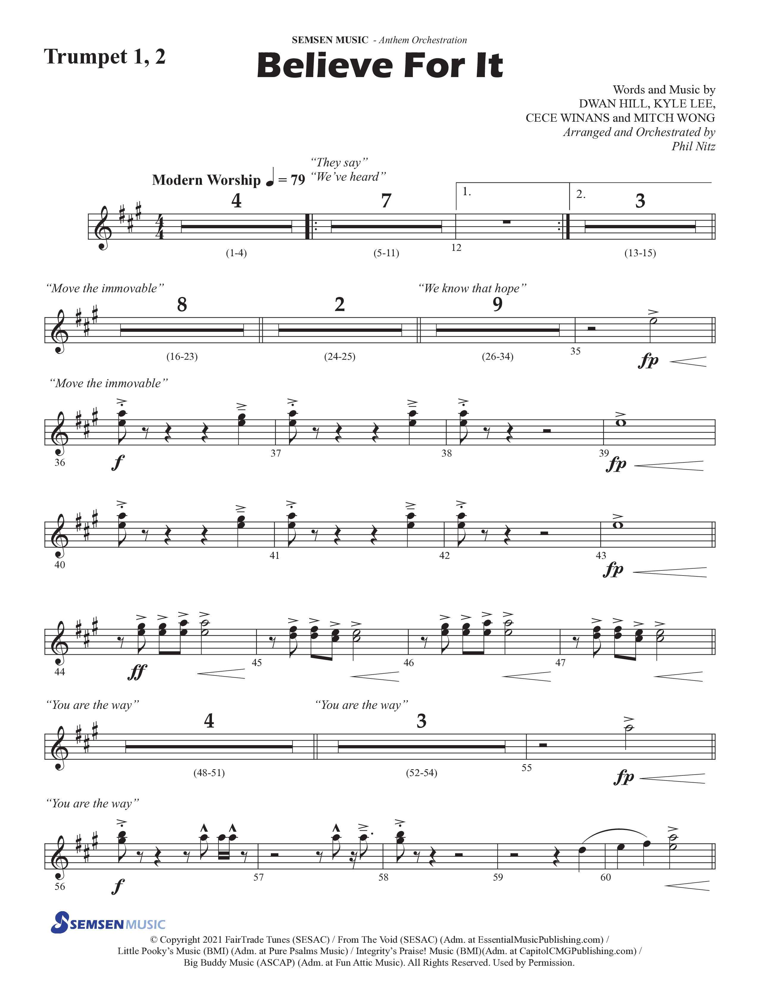 Believe For It (Choral Anthem SATB) Trumpet 1,2 (Semsen Music / Arr. Phil Nitz)