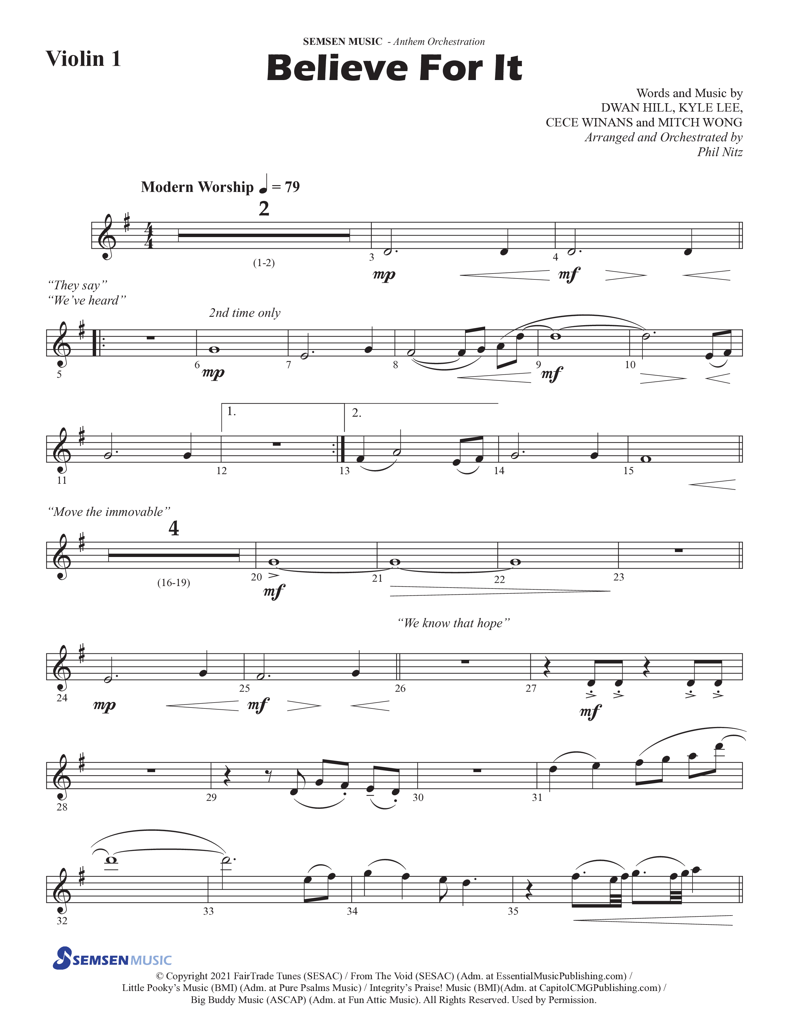Believe For It (Choral Anthem SATB) Violin 1 (Semsen Music / Arr. Phil Nitz)