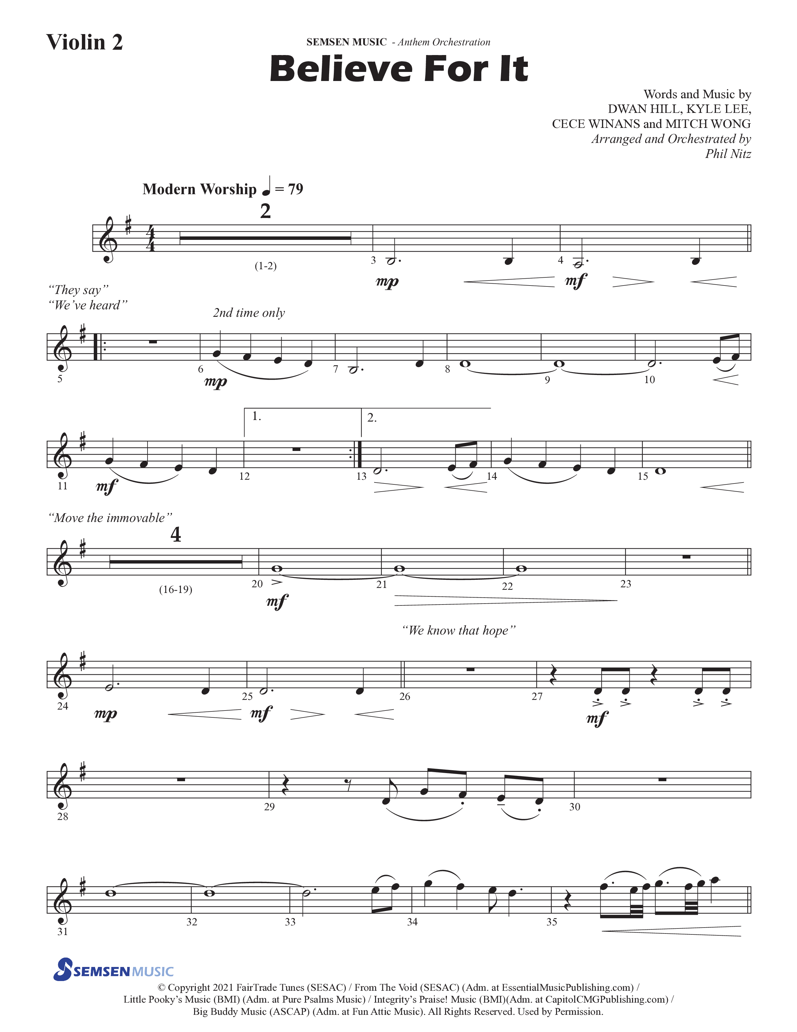 Believe For It (Choral Anthem SATB) Violin 2 (Semsen Music / Arr. Phil Nitz)