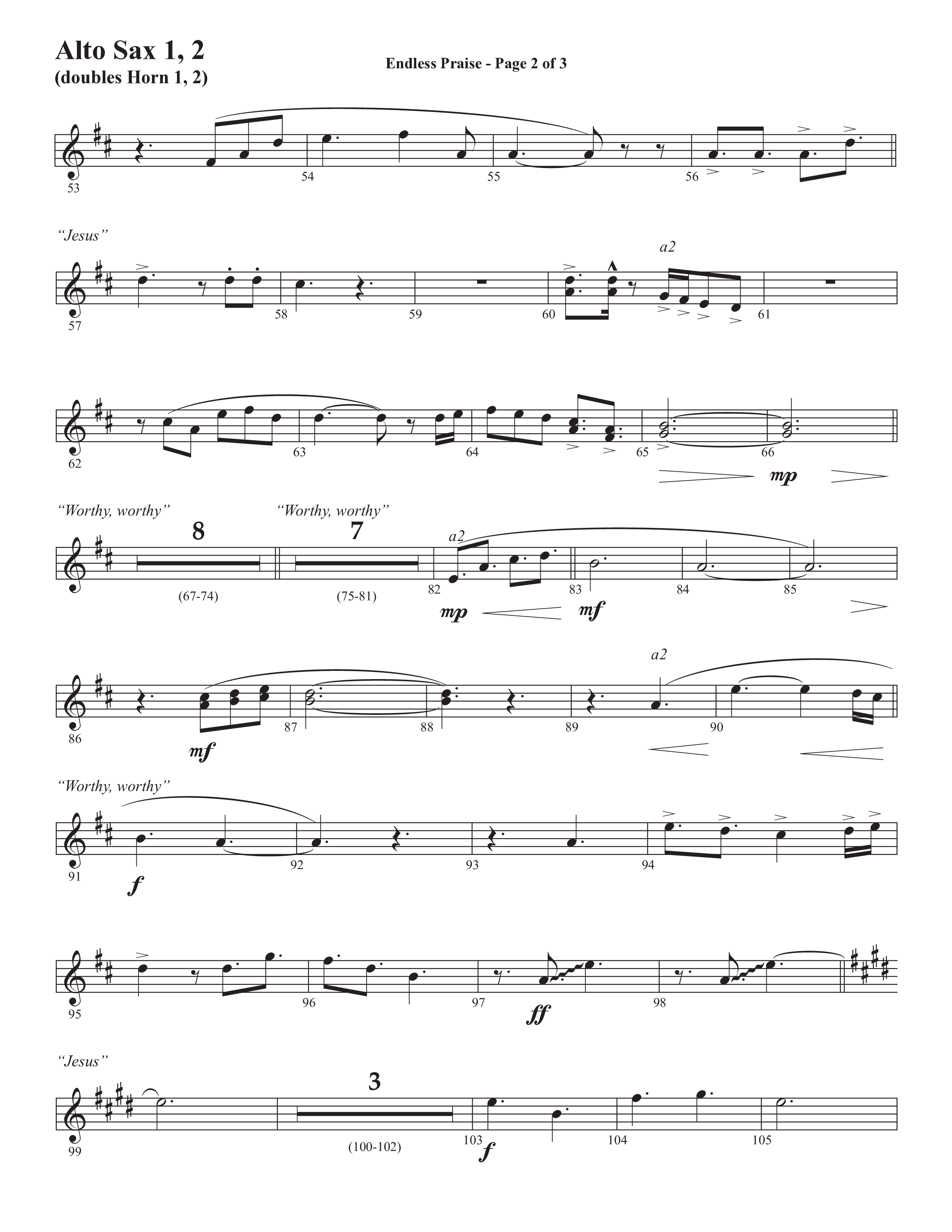 Endless Praise (Choral Anthem SATB) Alto Sax 1/2 (Semsen Music / Arr. Daniel Semsen)