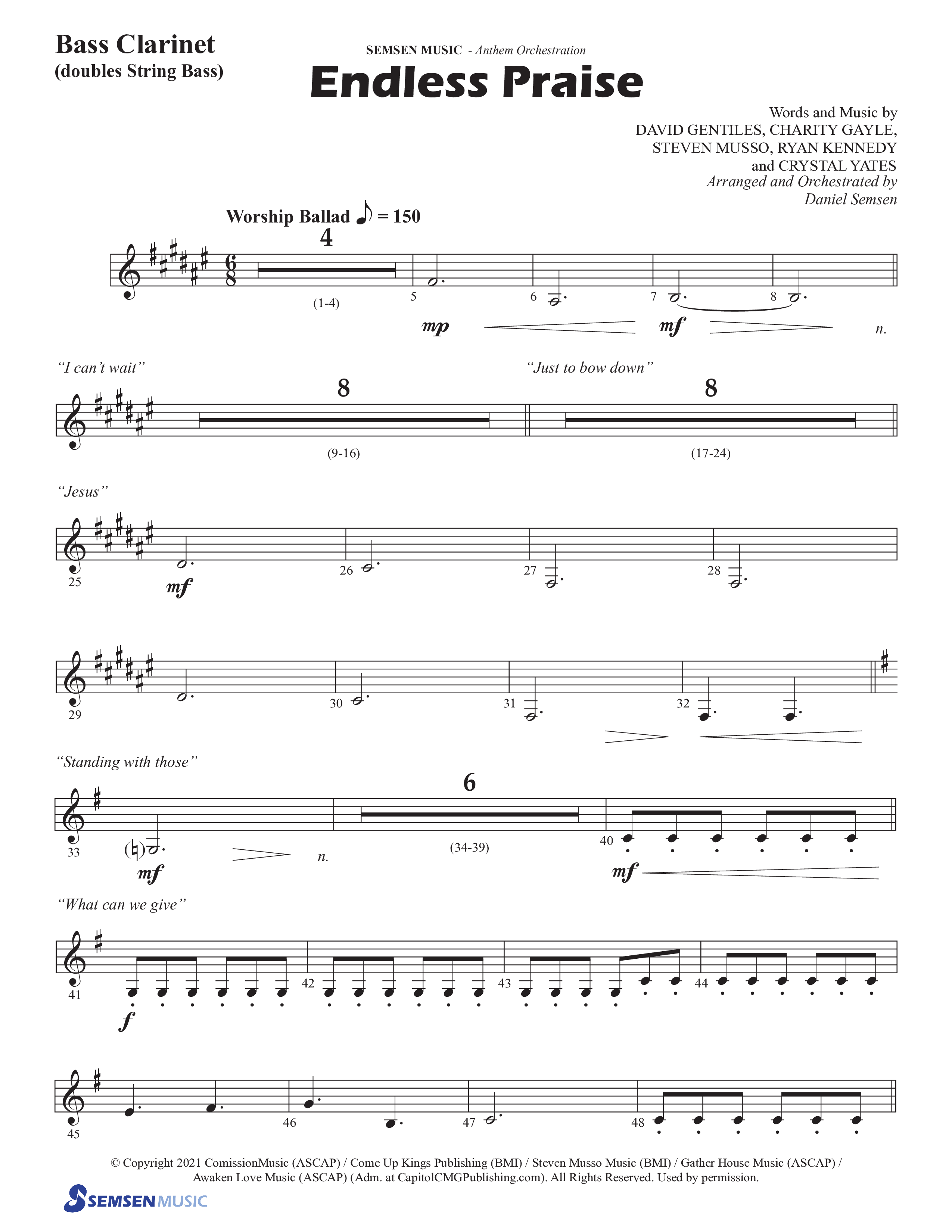 Endless Praise (Choral Anthem SATB) Bass Clarinet (Semsen Music / Arr. Daniel Semsen)