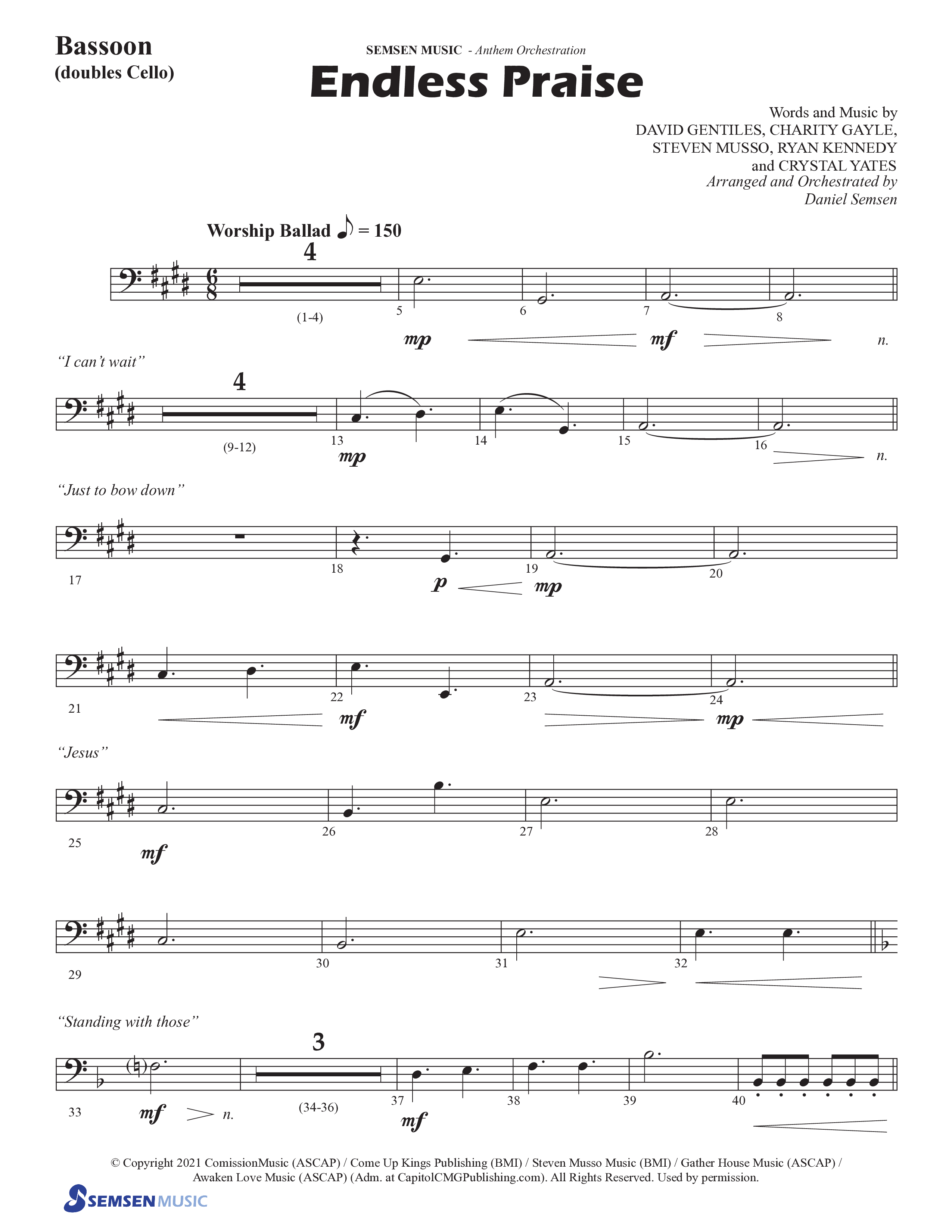 Endless Praise (Choral Anthem SATB) Bassoon (Semsen Music / Arr. Daniel Semsen)
