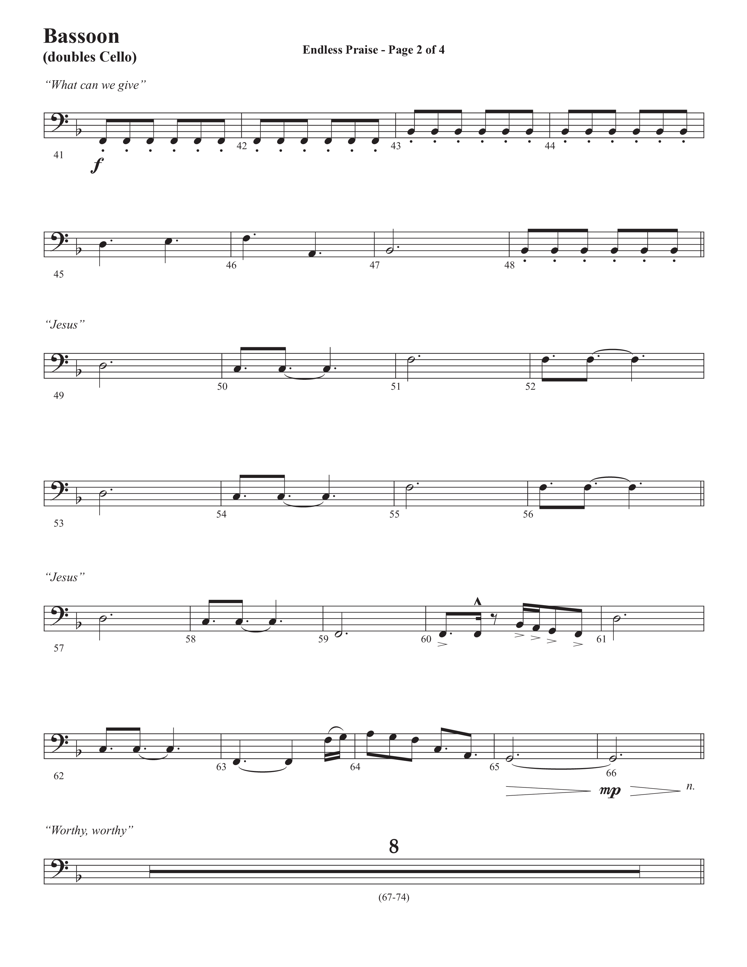 Endless Praise (Choral Anthem SATB) Bassoon (Semsen Music / Arr. Daniel Semsen)