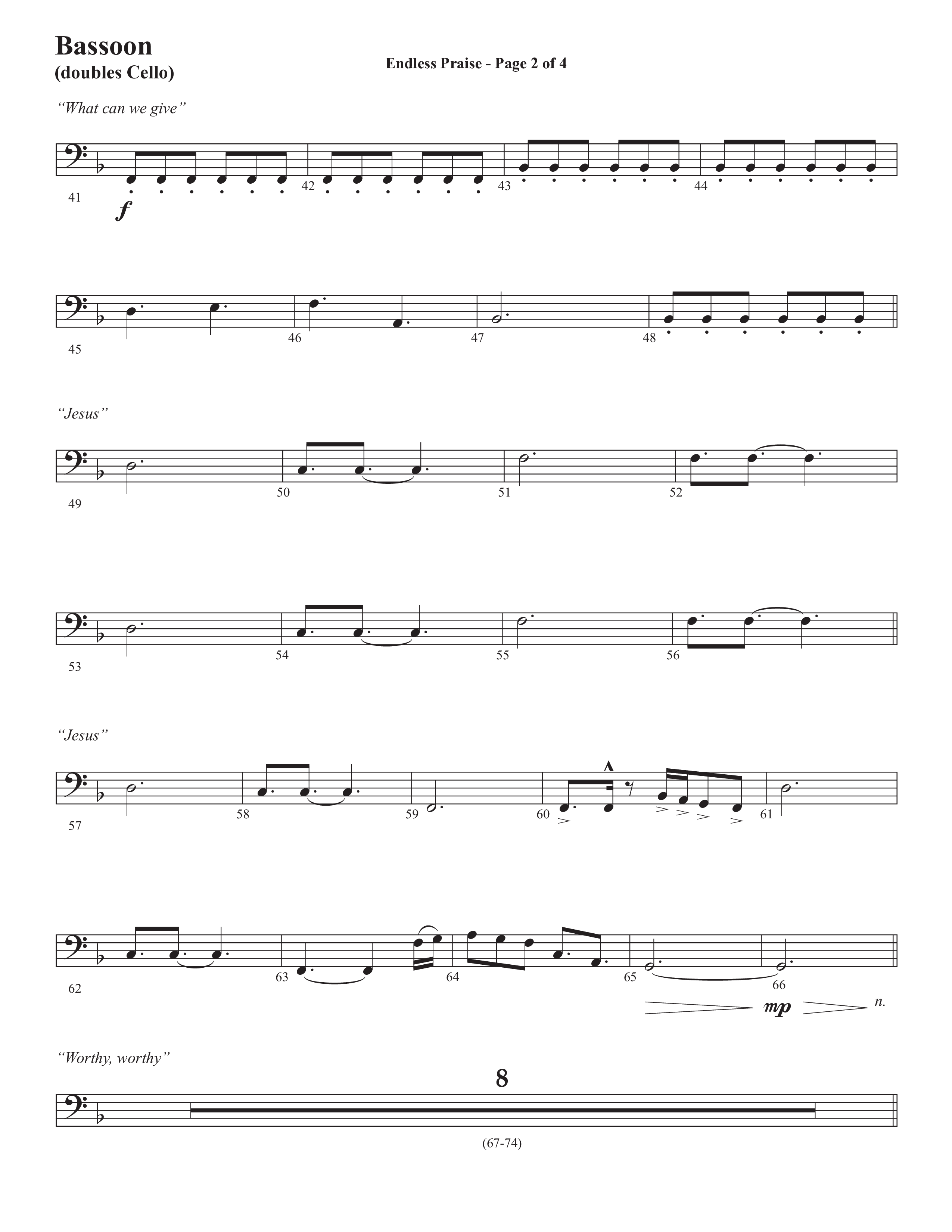 Endless Praise (Choral Anthem SATB) Bassoon (Semsen Music / Arr. Daniel Semsen)