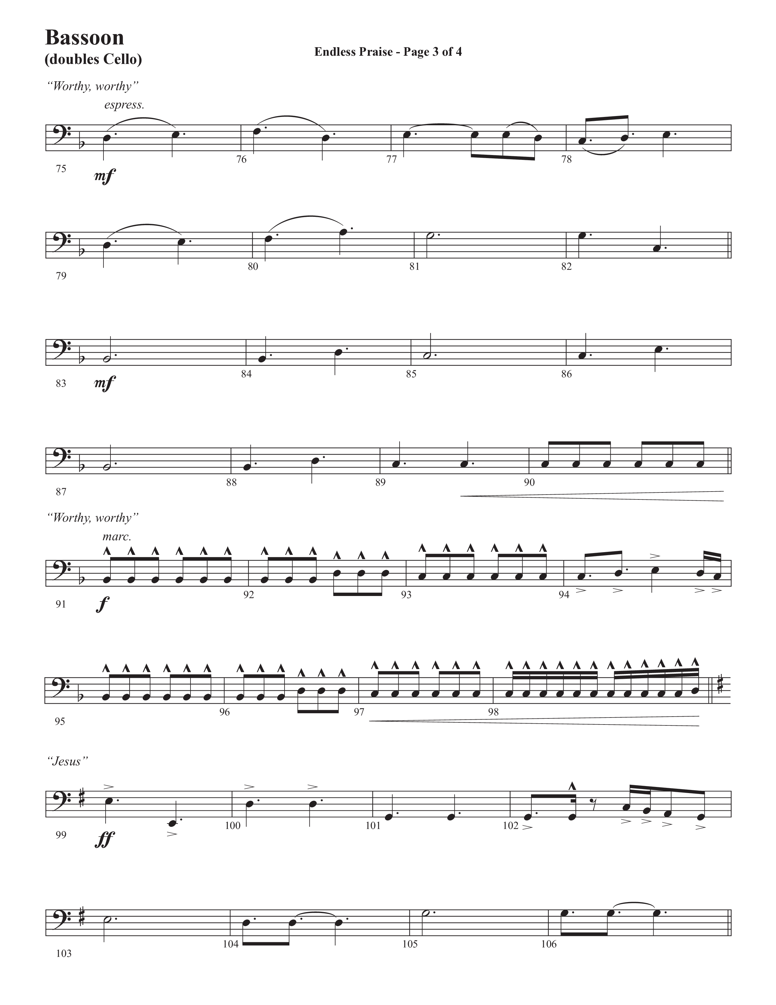 Endless Praise (Choral Anthem SATB) Bassoon (Semsen Music / Arr. Daniel Semsen)