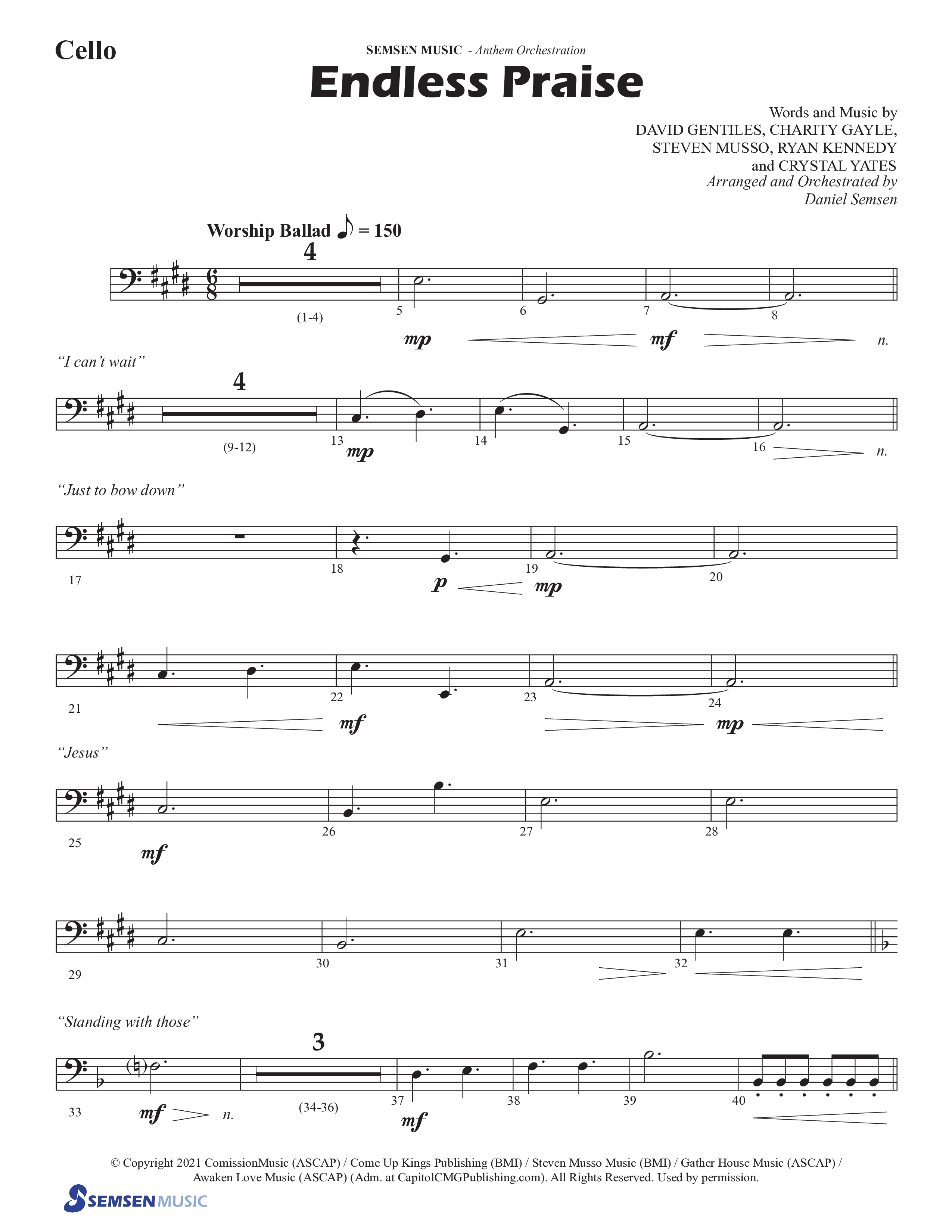 Endless Praise (Choral Anthem SATB) Cello (Semsen Music / Arr. Daniel Semsen)