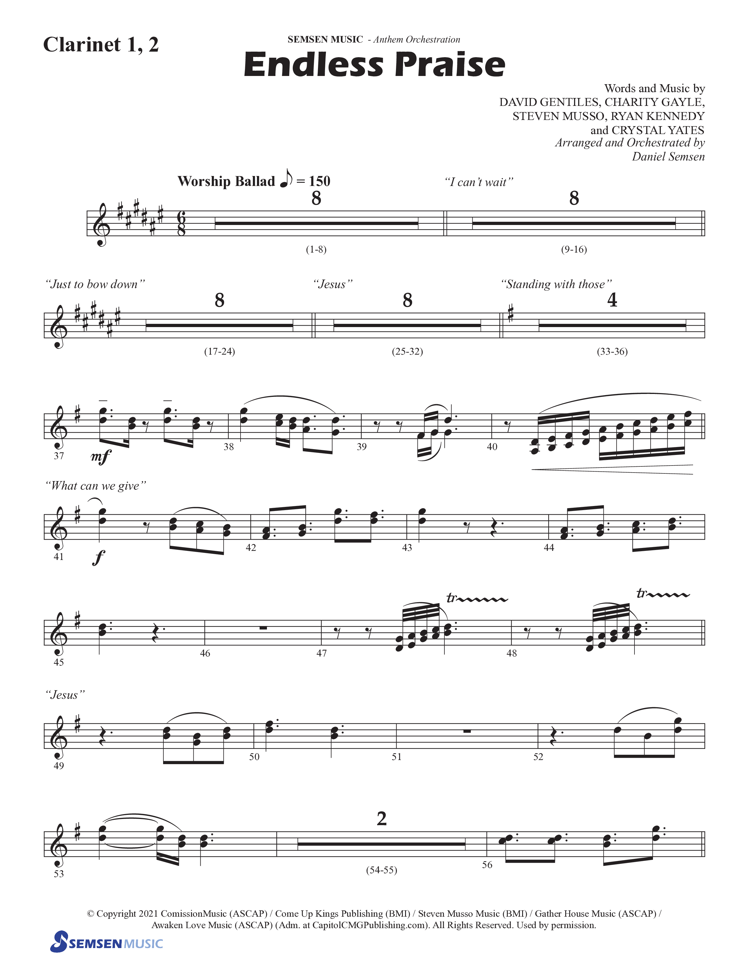 Endless Praise (Choral Anthem SATB) Clarinet 1/2 (Semsen Music / Arr. Daniel Semsen)