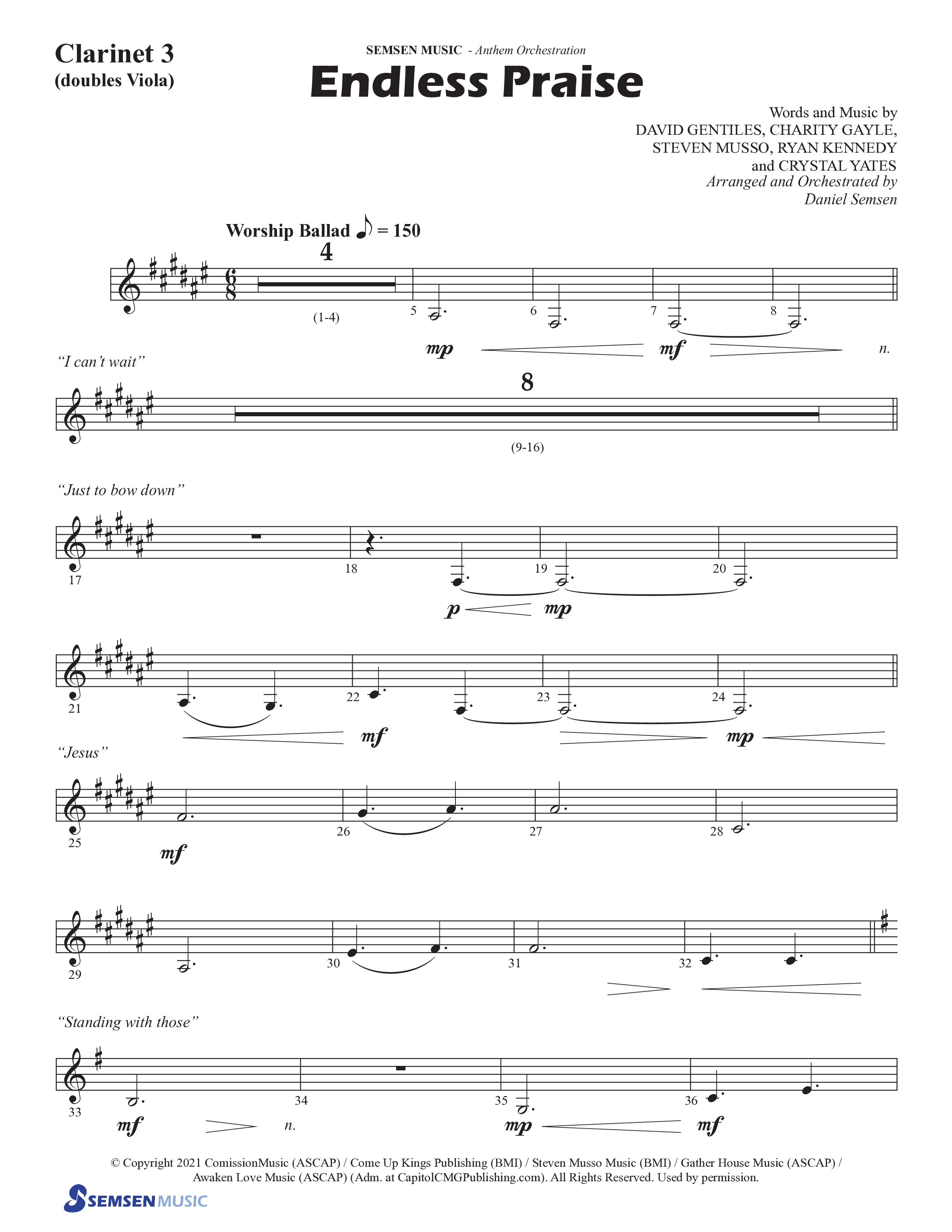 Endless Praise (Choral Anthem SATB) Clarinet 3 (Semsen Music / Arr. Daniel Semsen)