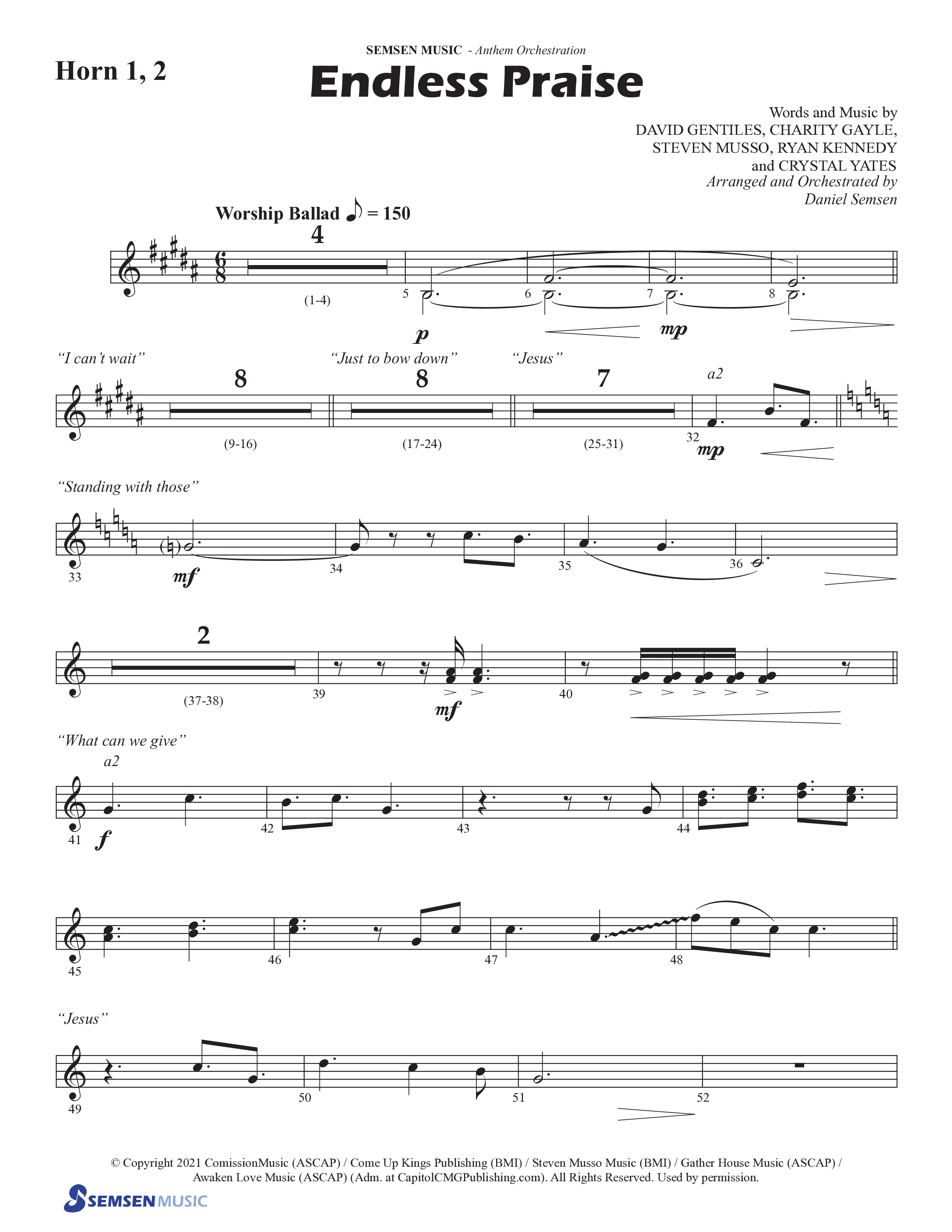 Endless Praise (Choral Anthem SATB) French Horn 1/2 (Semsen Music / Arr. Daniel Semsen)