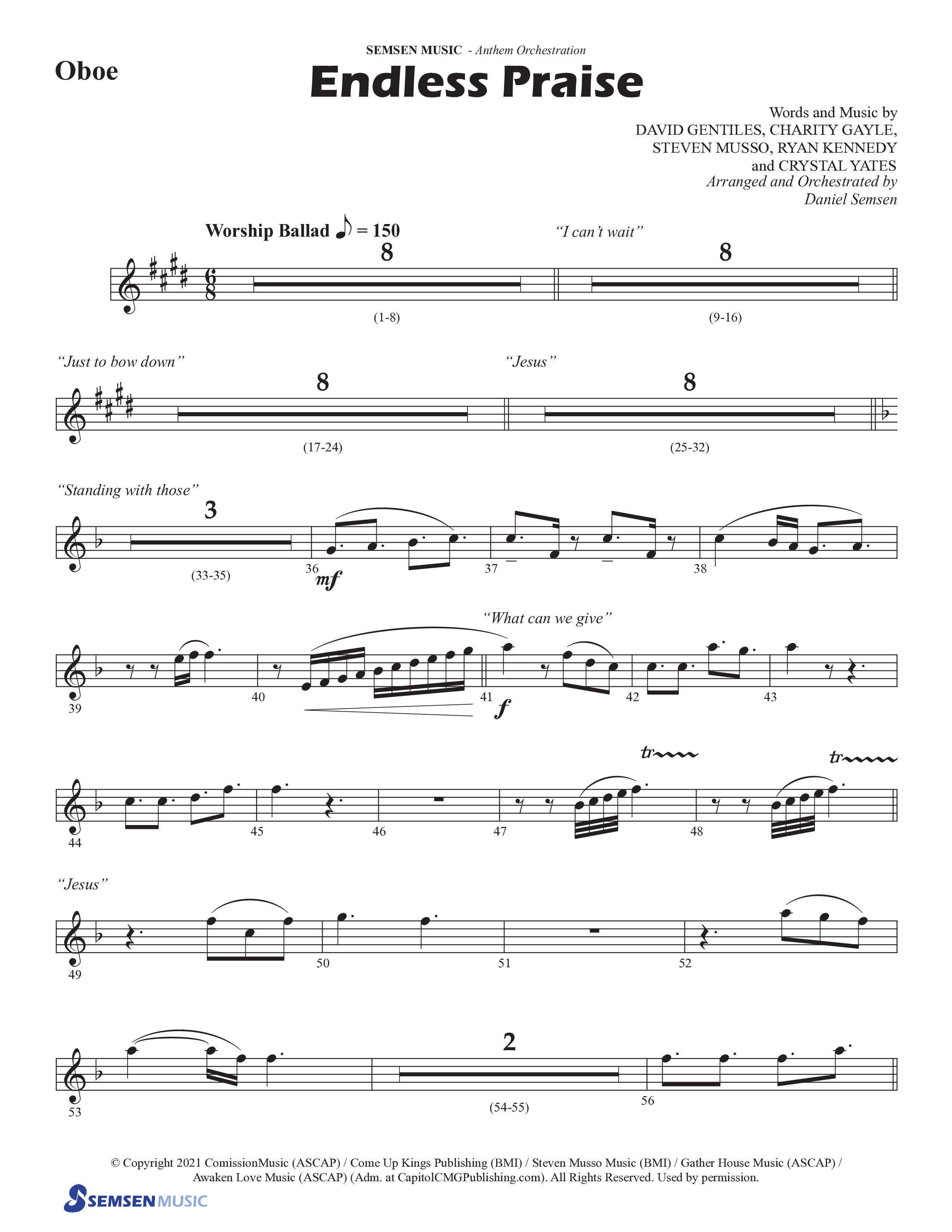 Endless Praise (Choral Anthem SATB) Oboe (Semsen Music / Arr. Daniel Semsen)