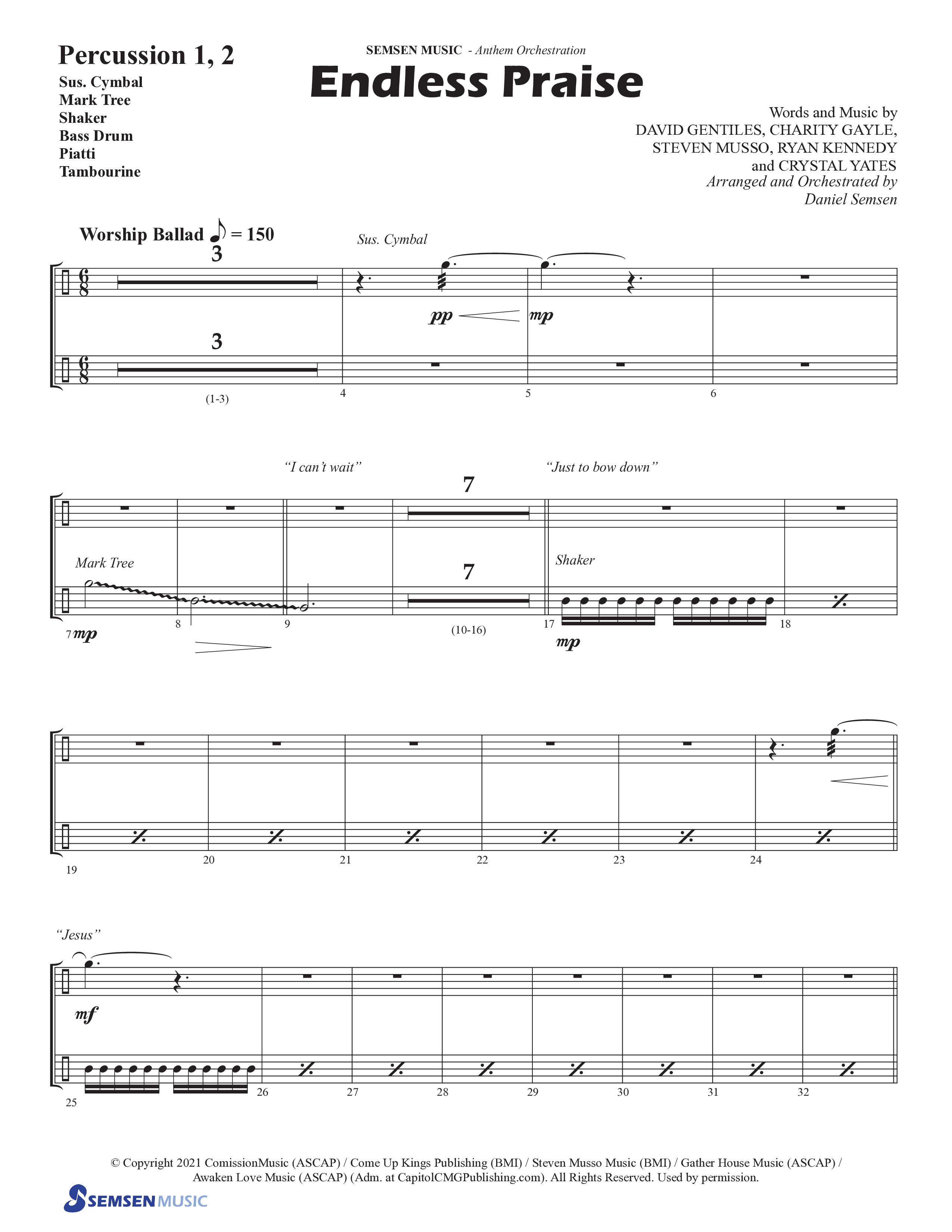 Endless Praise (Choral Anthem SATB) Percussion 1/2 (Semsen Music / Arr. Daniel Semsen)