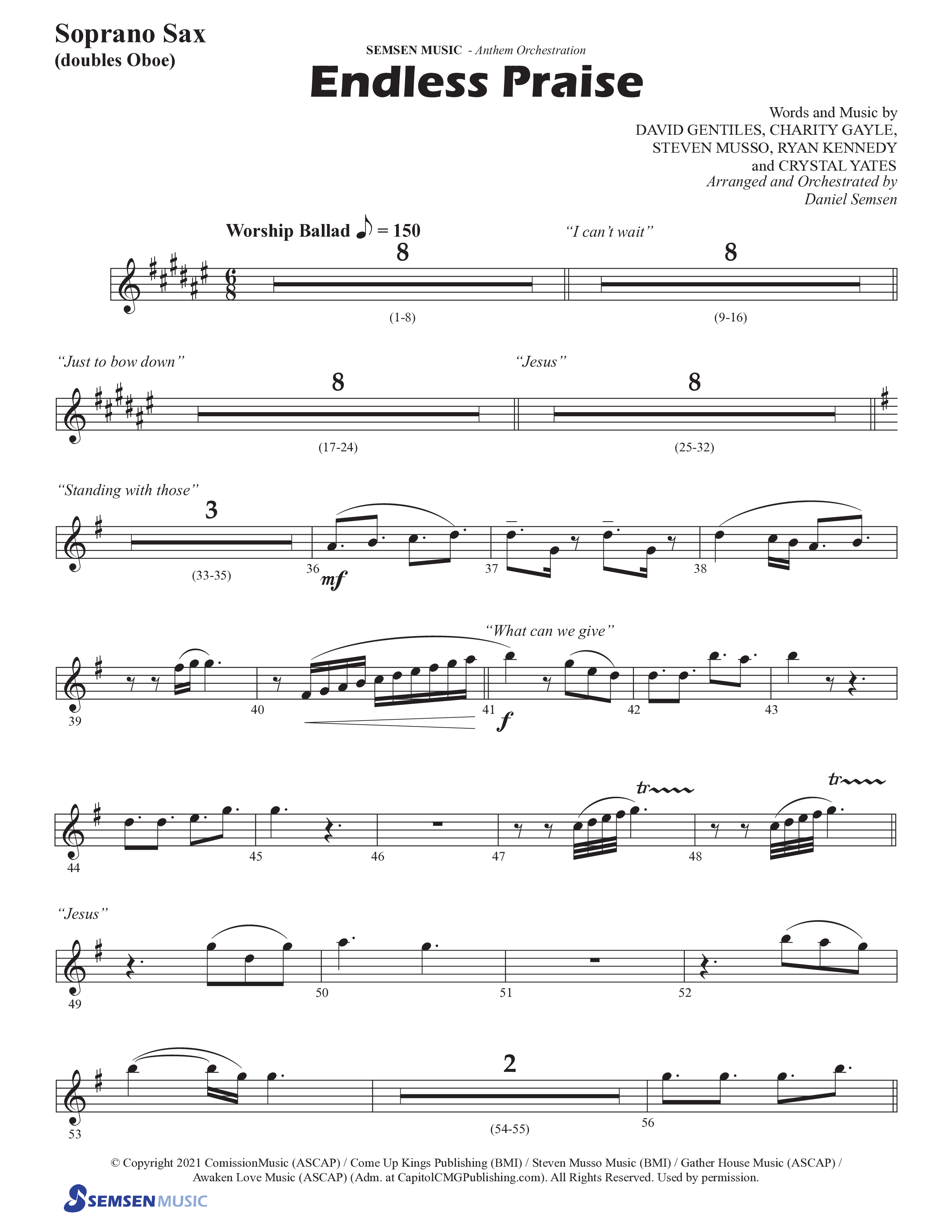 Endless Praise (Choral Anthem SATB) Soprano Sax (Semsen Music / Arr. Daniel Semsen)