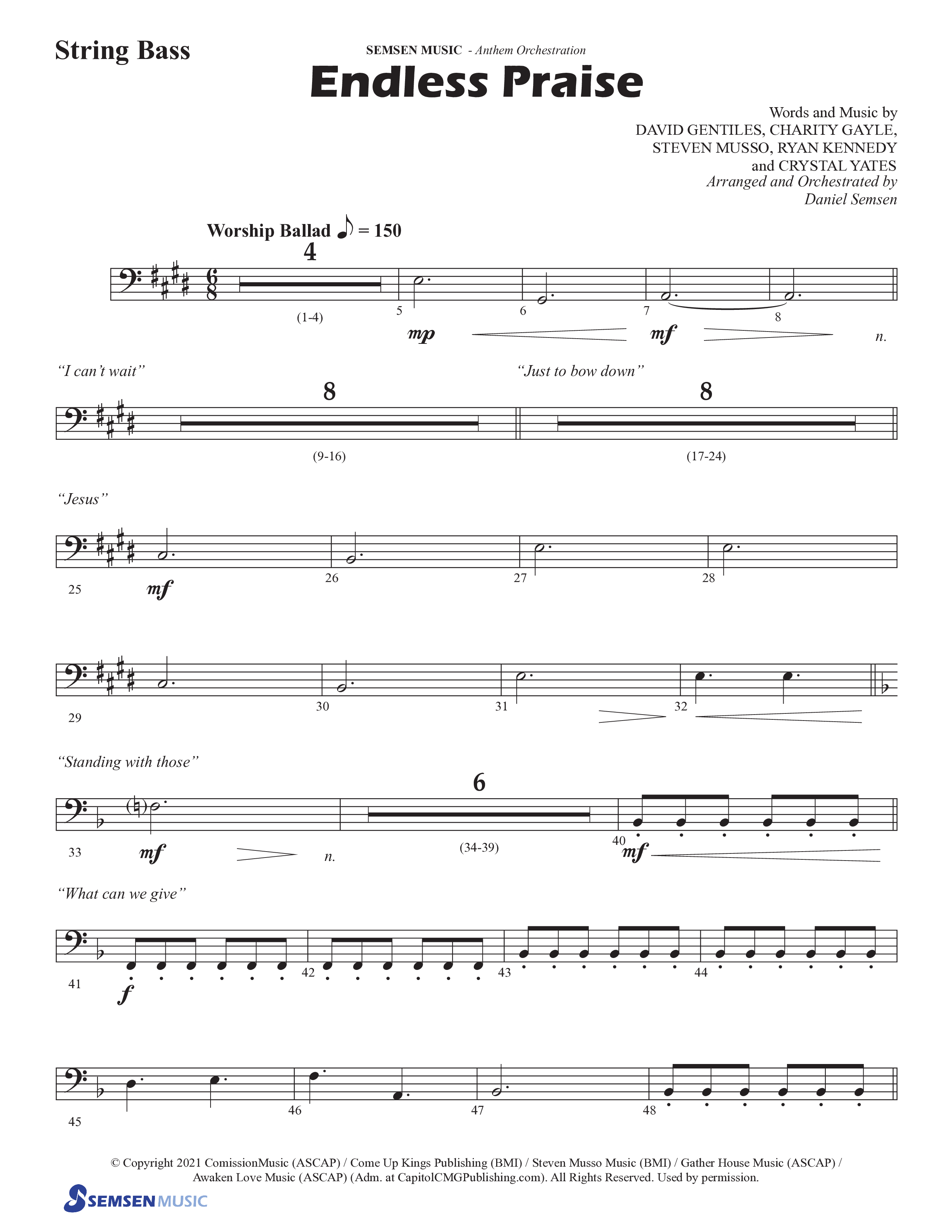 Endless Praise (Choral Anthem SATB) String Bass (Semsen Music / Arr. Daniel Semsen)