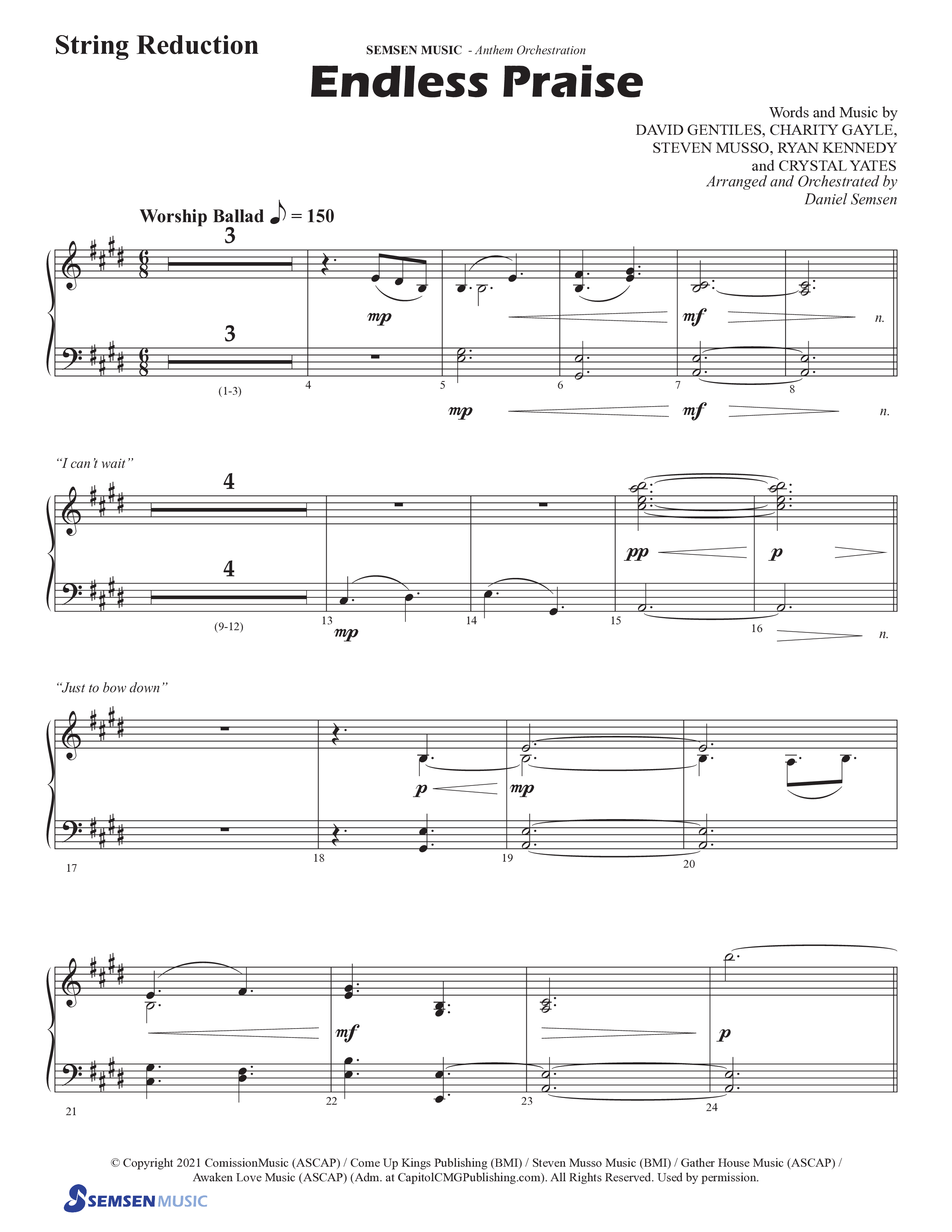 Endless Praise (Choral Anthem SATB) String Reduction (Semsen Music / Arr. Daniel Semsen)