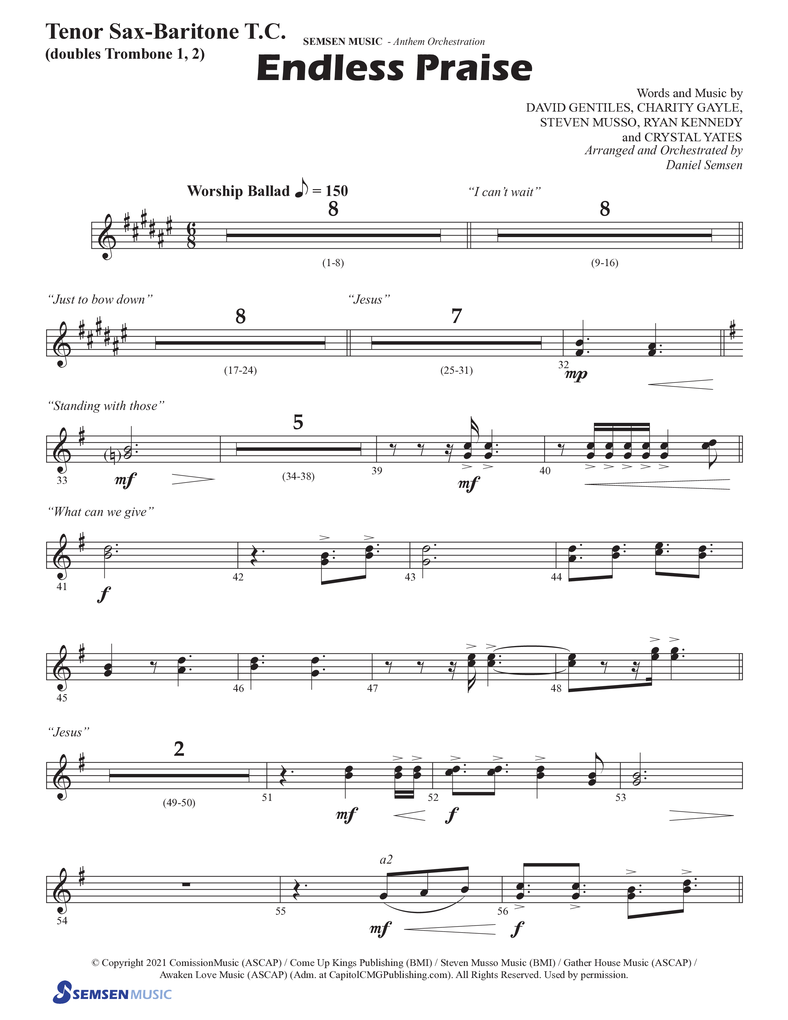 Endless Praise (Choral Anthem SATB) Tenor Sax/Baritone T.C. (Semsen Music / Arr. Daniel Semsen)