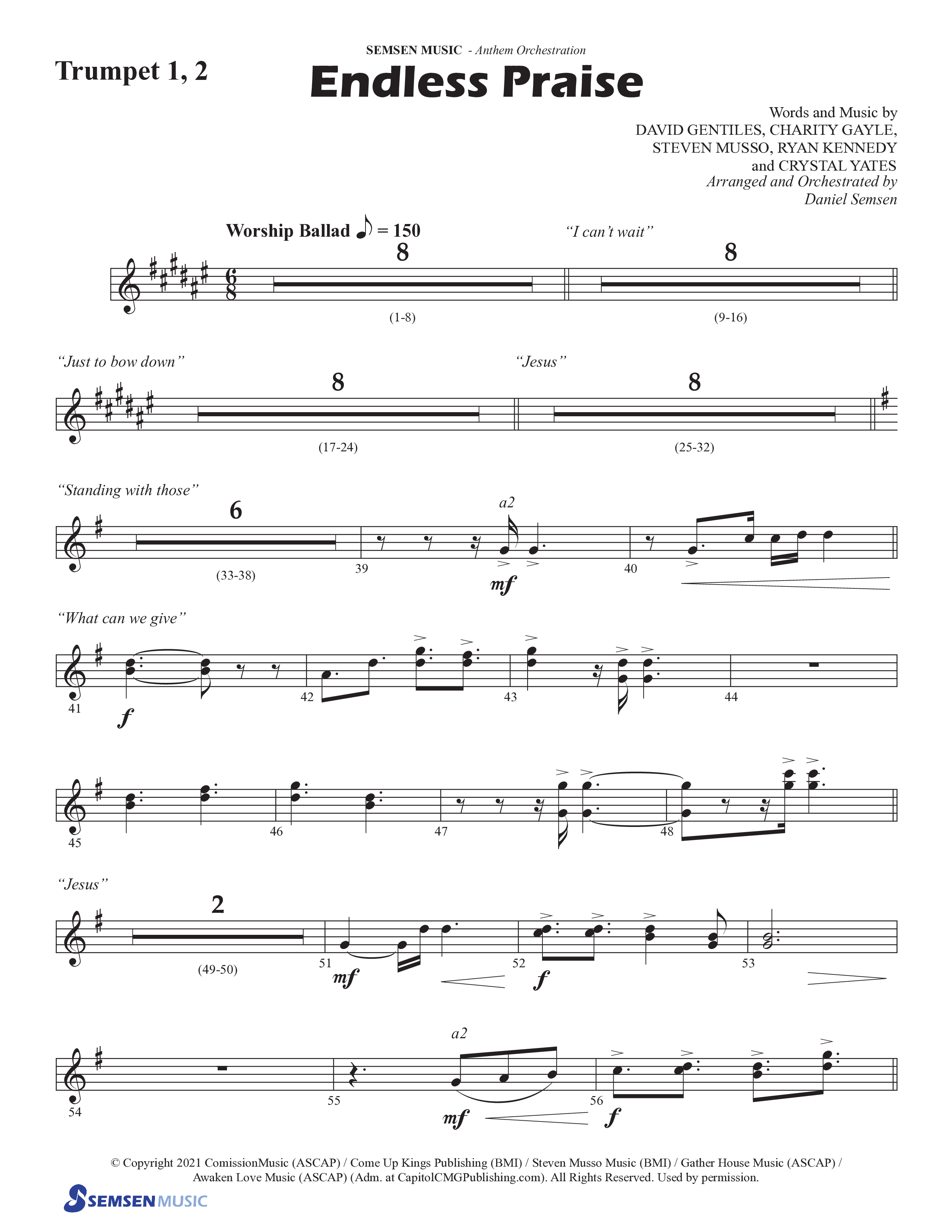 Endless Praise (Choral Anthem SATB) Trumpet 1,2 (Semsen Music / Arr. Daniel Semsen)