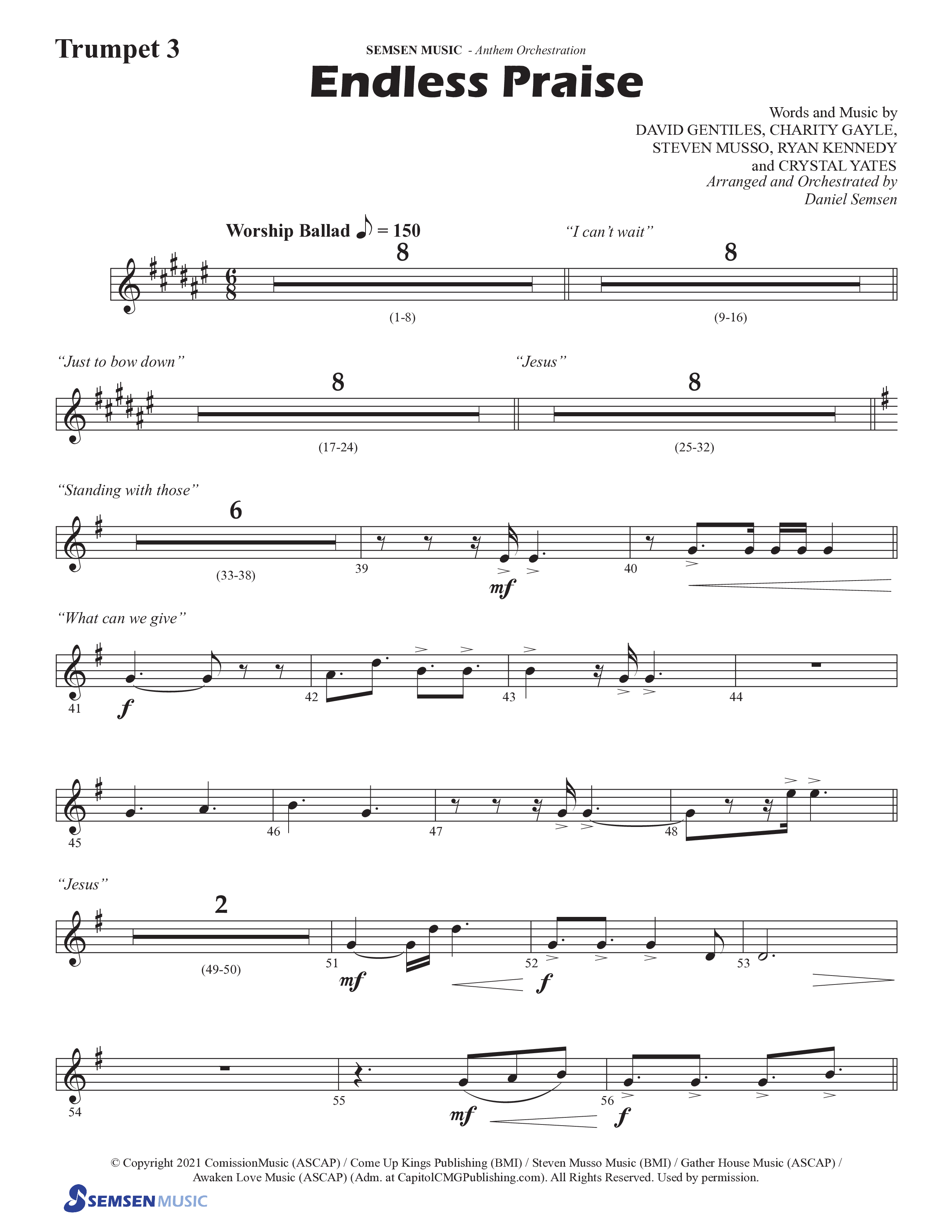 Endless Praise (Choral Anthem SATB) Trumpet 3 (Semsen Music / Arr. Daniel Semsen)