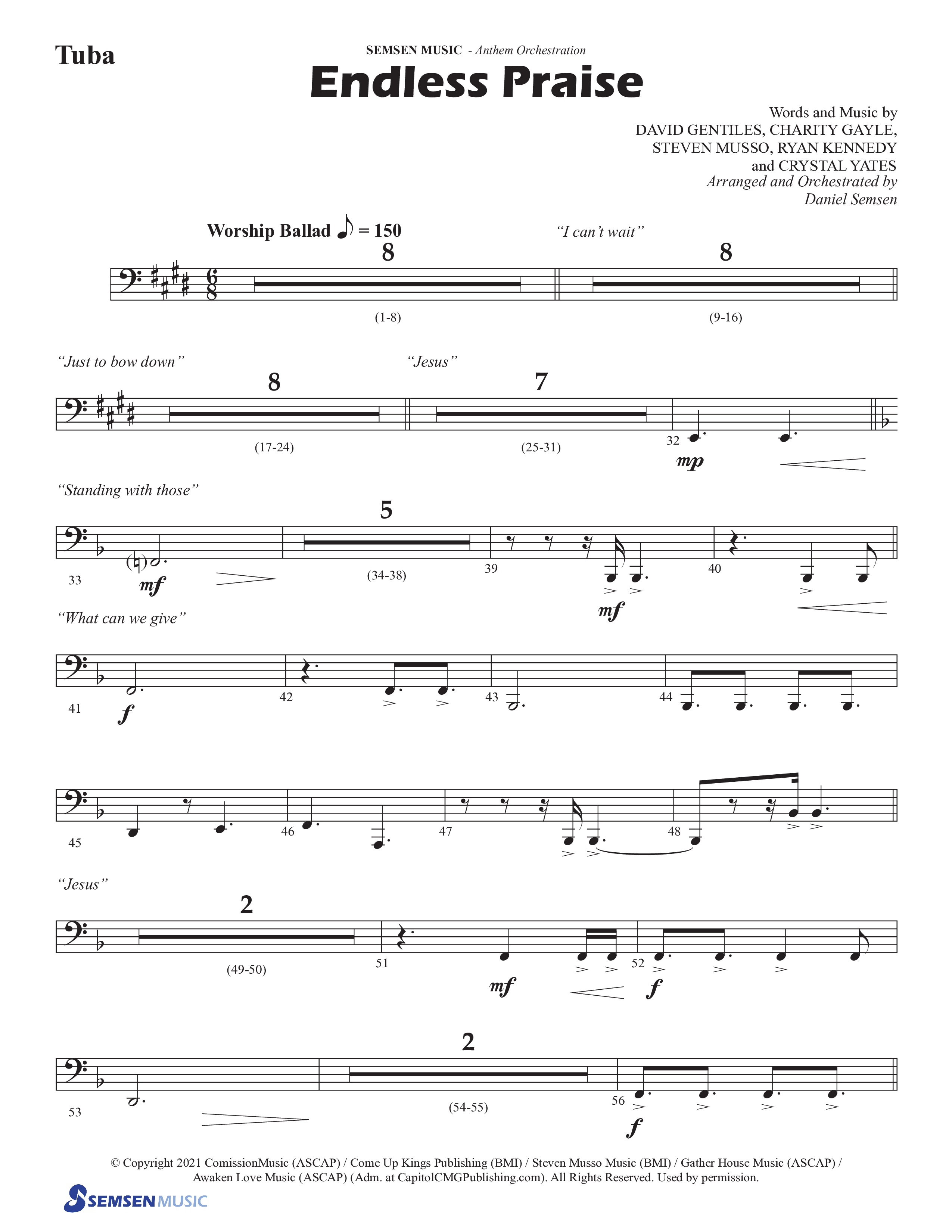 Endless Praise (Choral Anthem SATB) Tuba (Semsen Music / Arr. Daniel Semsen)