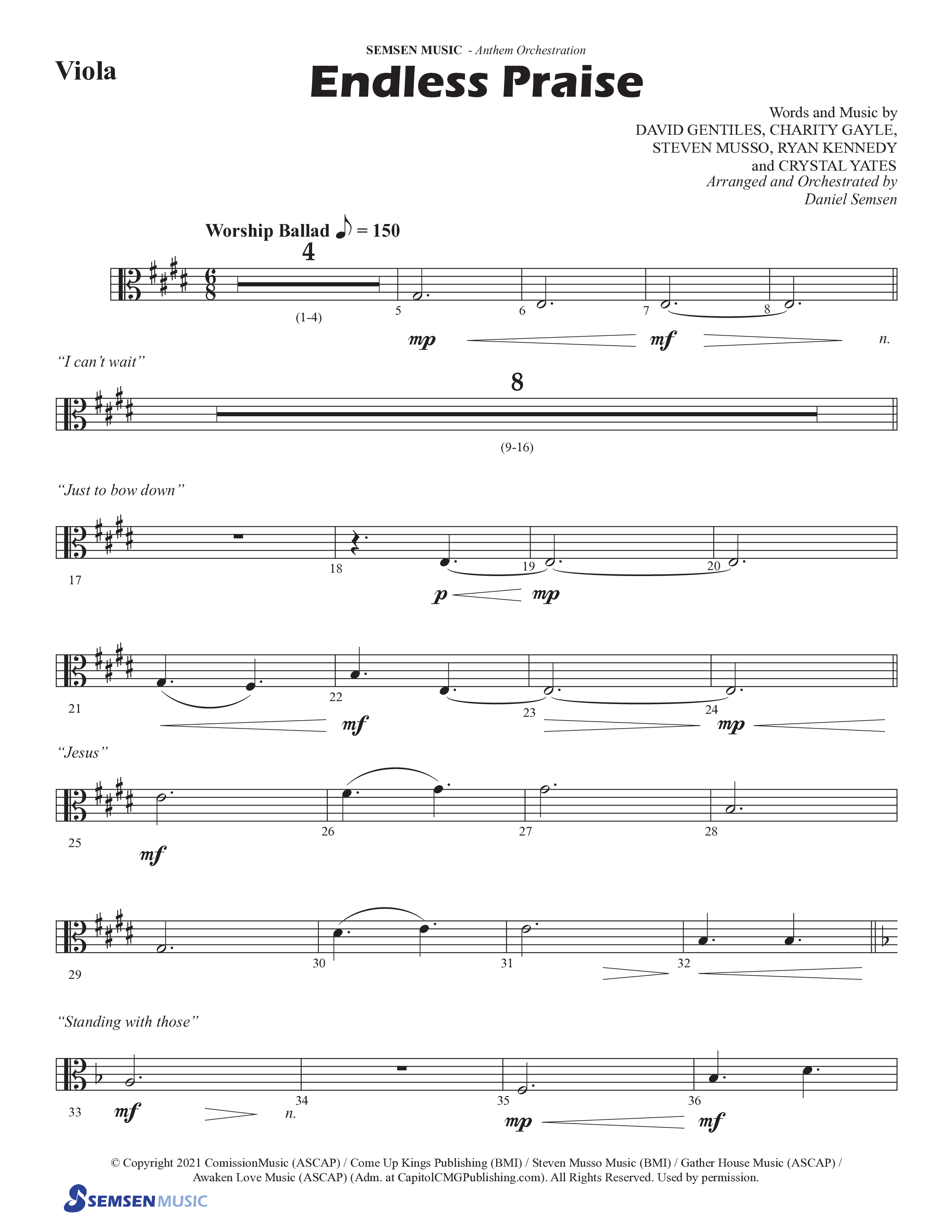 Endless Praise (Choral Anthem SATB) Viola (Semsen Music / Arr. Daniel Semsen)