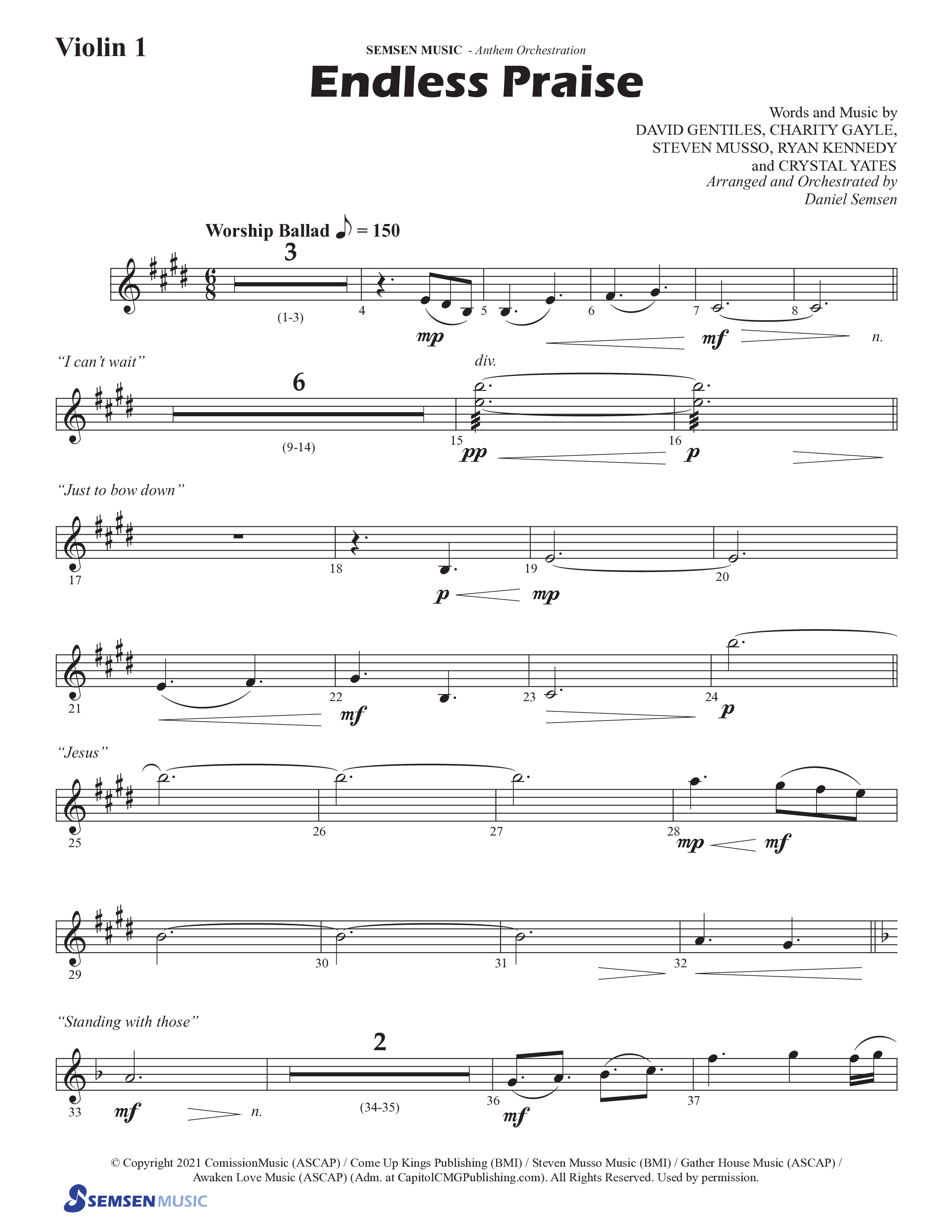 Endless Praise (Choral Anthem SATB) Violin 1 (Semsen Music / Arr. Daniel Semsen)
