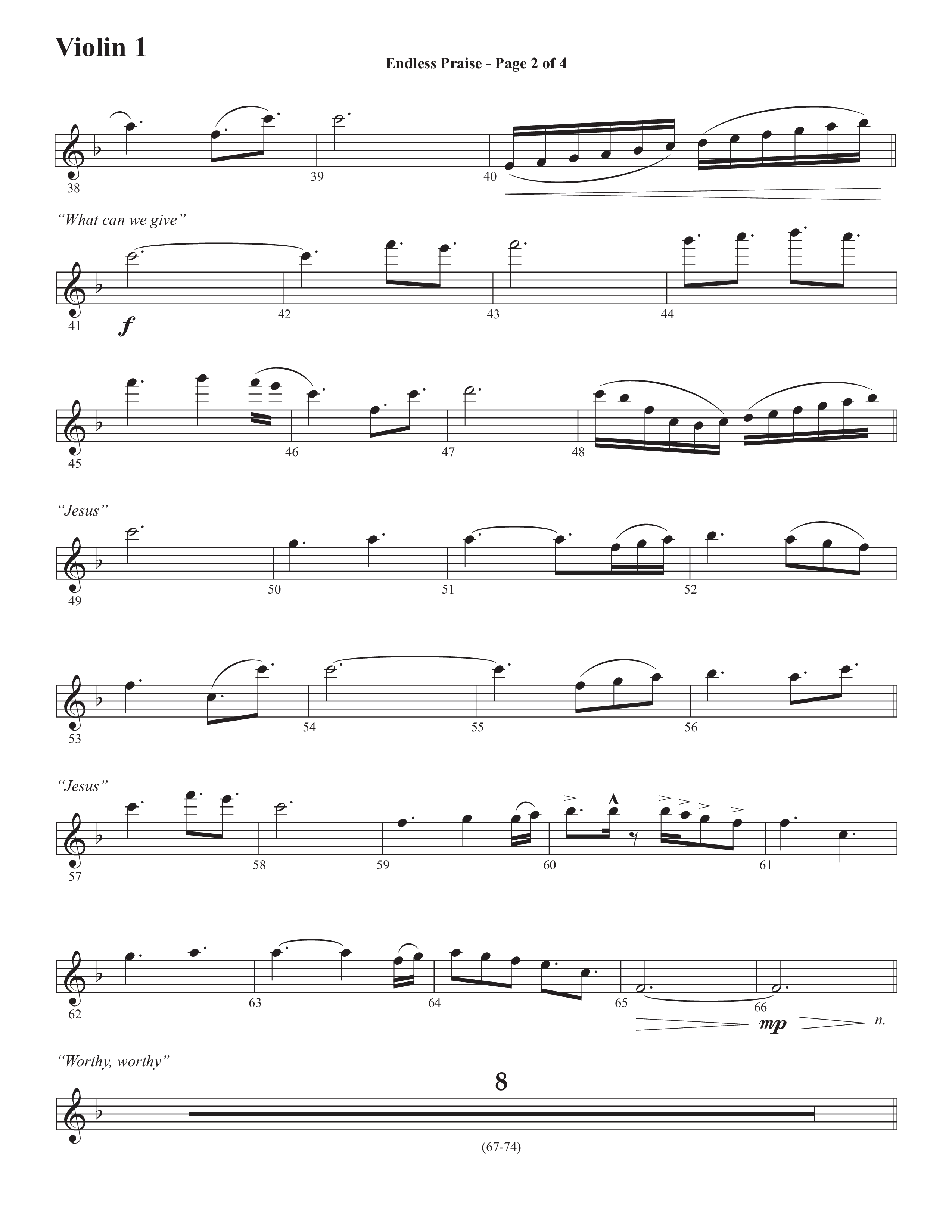 Endless Praise (Choral Anthem SATB) Violin 1 (Semsen Music / Arr. Daniel Semsen)