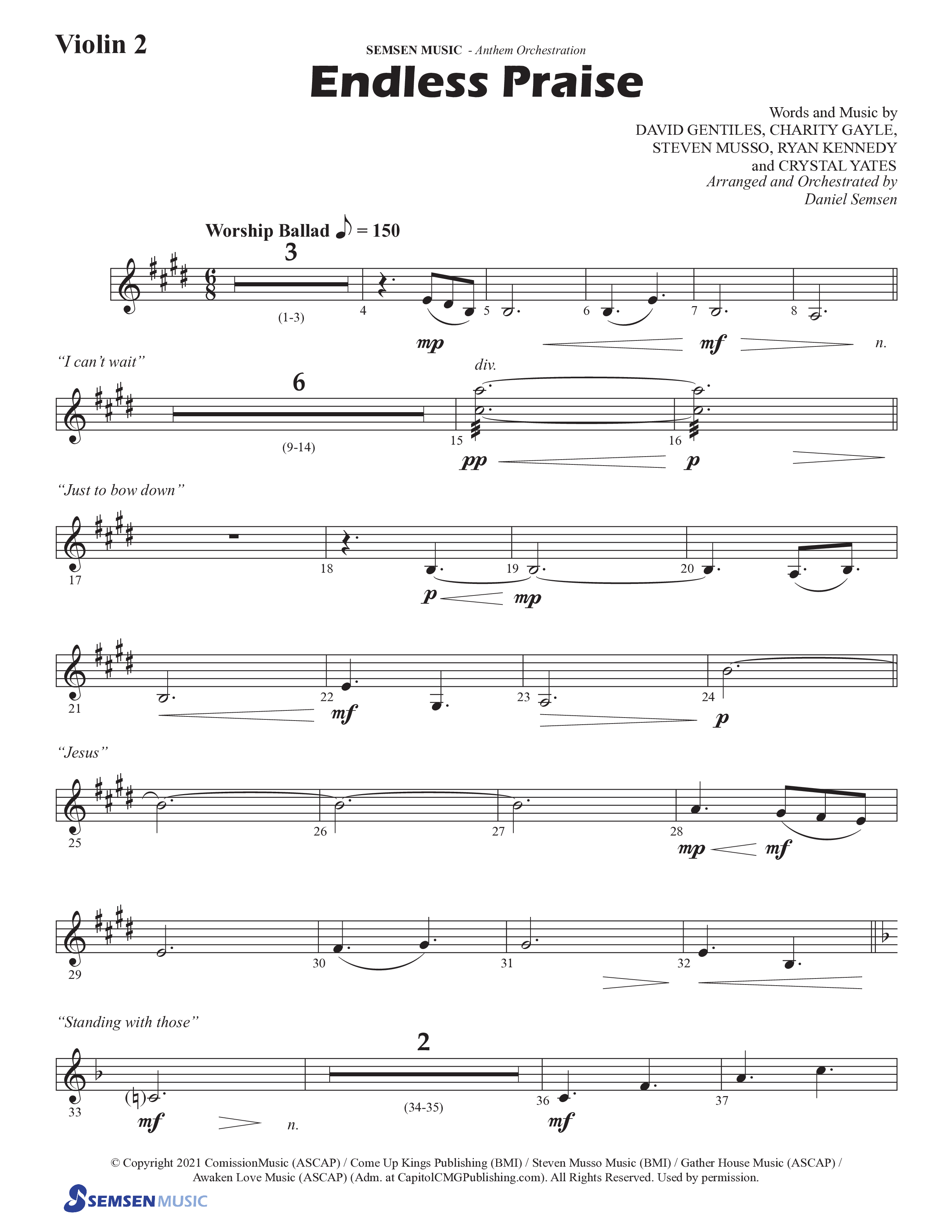 Endless Praise (Choral Anthem SATB) Violin 2 (Semsen Music / Arr. Daniel Semsen)