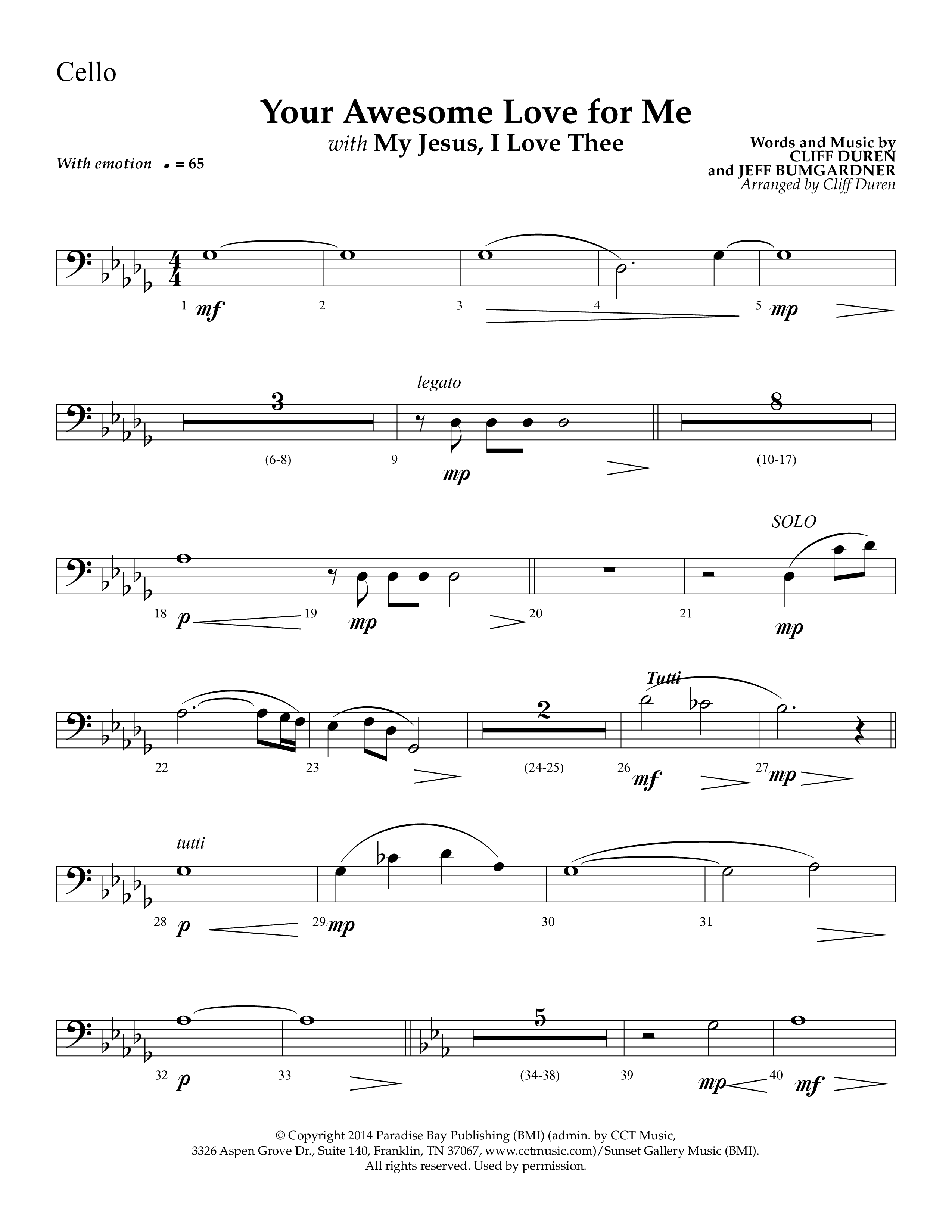 Your Awesome Love For Me (with My Jesus I Love Thee) (Choral Anthem SATB) Cello (Lifeway Choral / Arr. Cliff Duren)