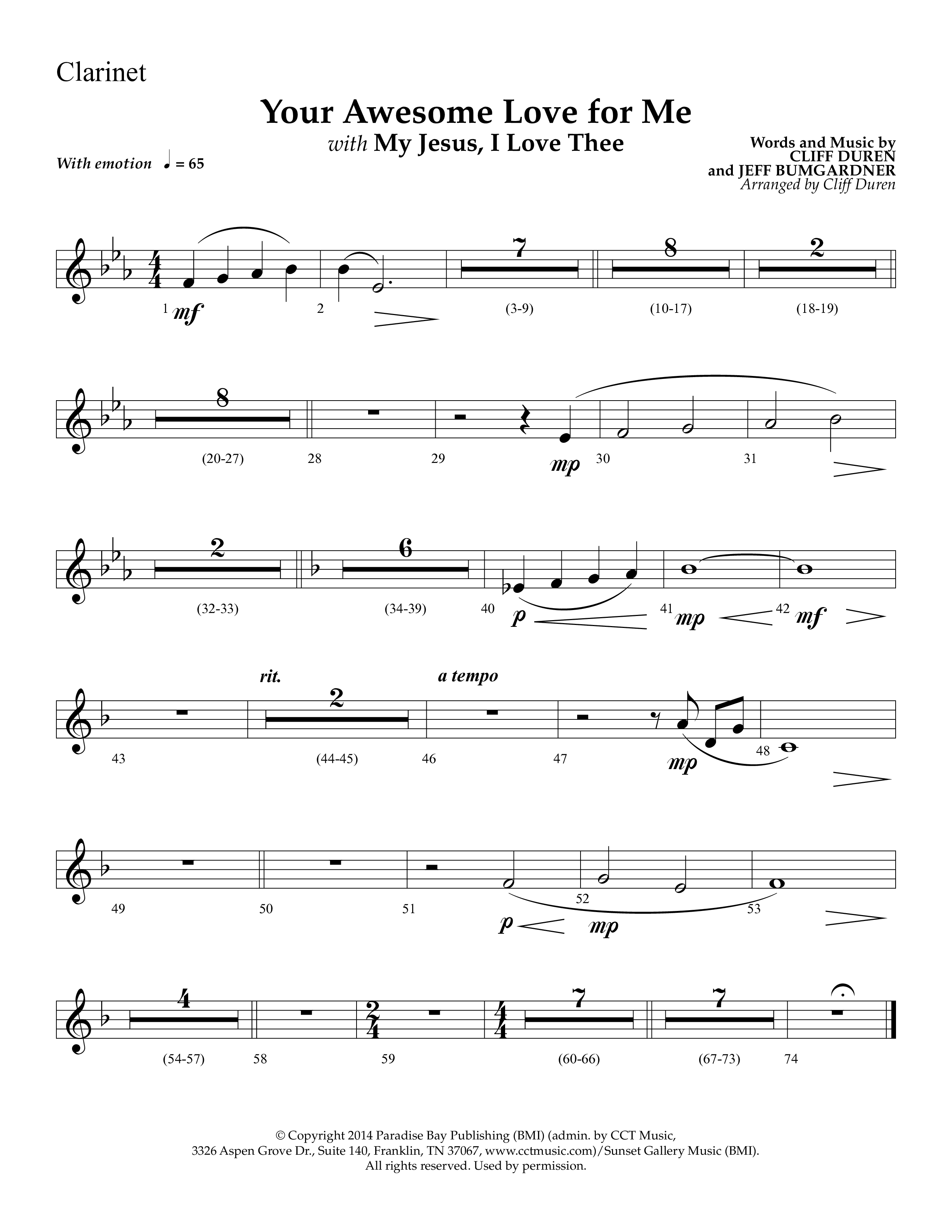 Your Awesome Love For Me (with My Jesus I Love Thee) (Choral Anthem SATB) Clarinet 1/2 (Lifeway Choral / Arr. Cliff Duren)