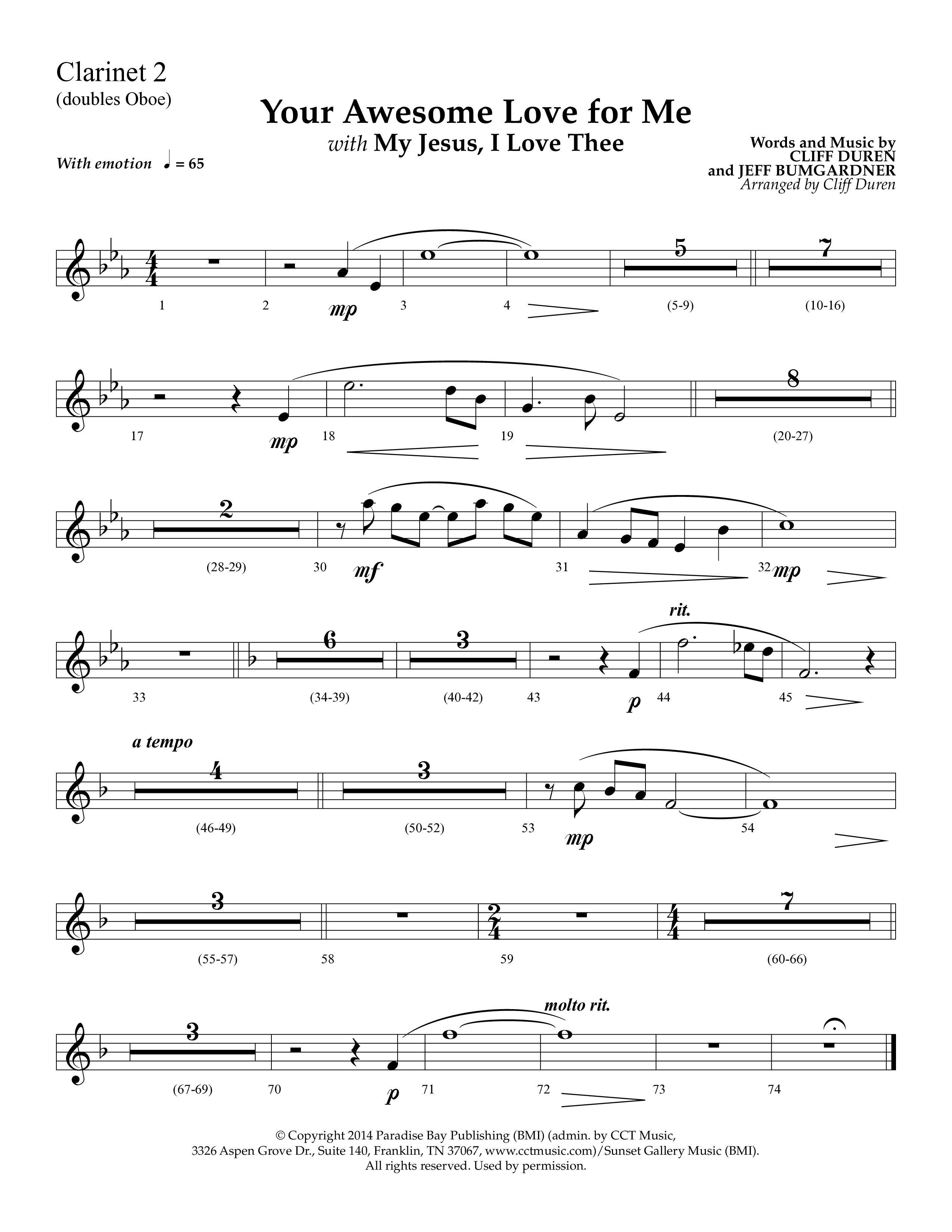 Your Awesome Love For Me (with My Jesus I Love Thee) (Choral Anthem SATB) Clarinet 1/2 (Lifeway Choral / Arr. Cliff Duren)