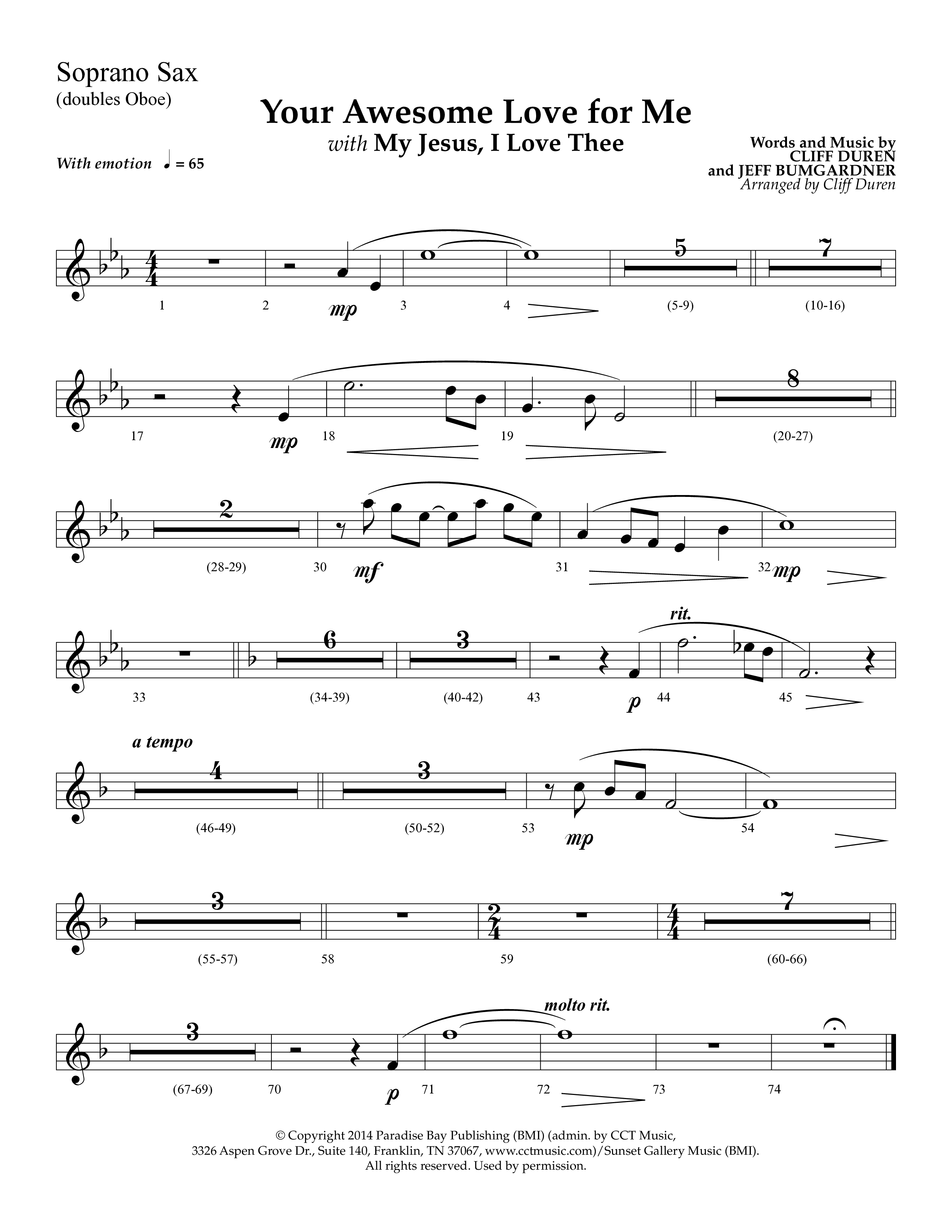 Your Awesome Love For Me (with My Jesus I Love Thee) (Choral Anthem SATB) Soprano Sax (Lifeway Choral / Arr. Cliff Duren)