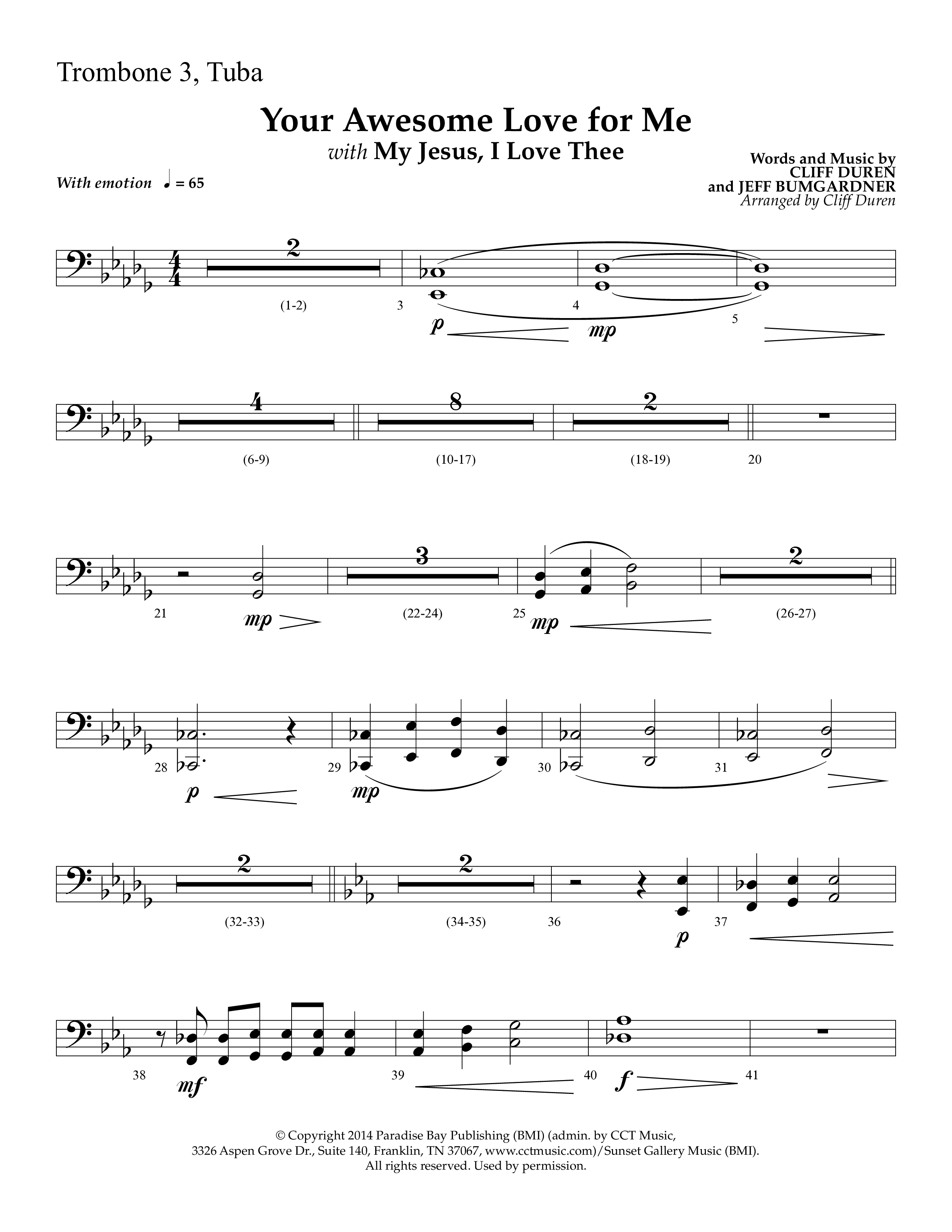 Your Awesome Love For Me (with My Jesus I Love Thee) (Choral Anthem SATB) Trombone 3/Tuba (Lifeway Choral / Arr. Cliff Duren)