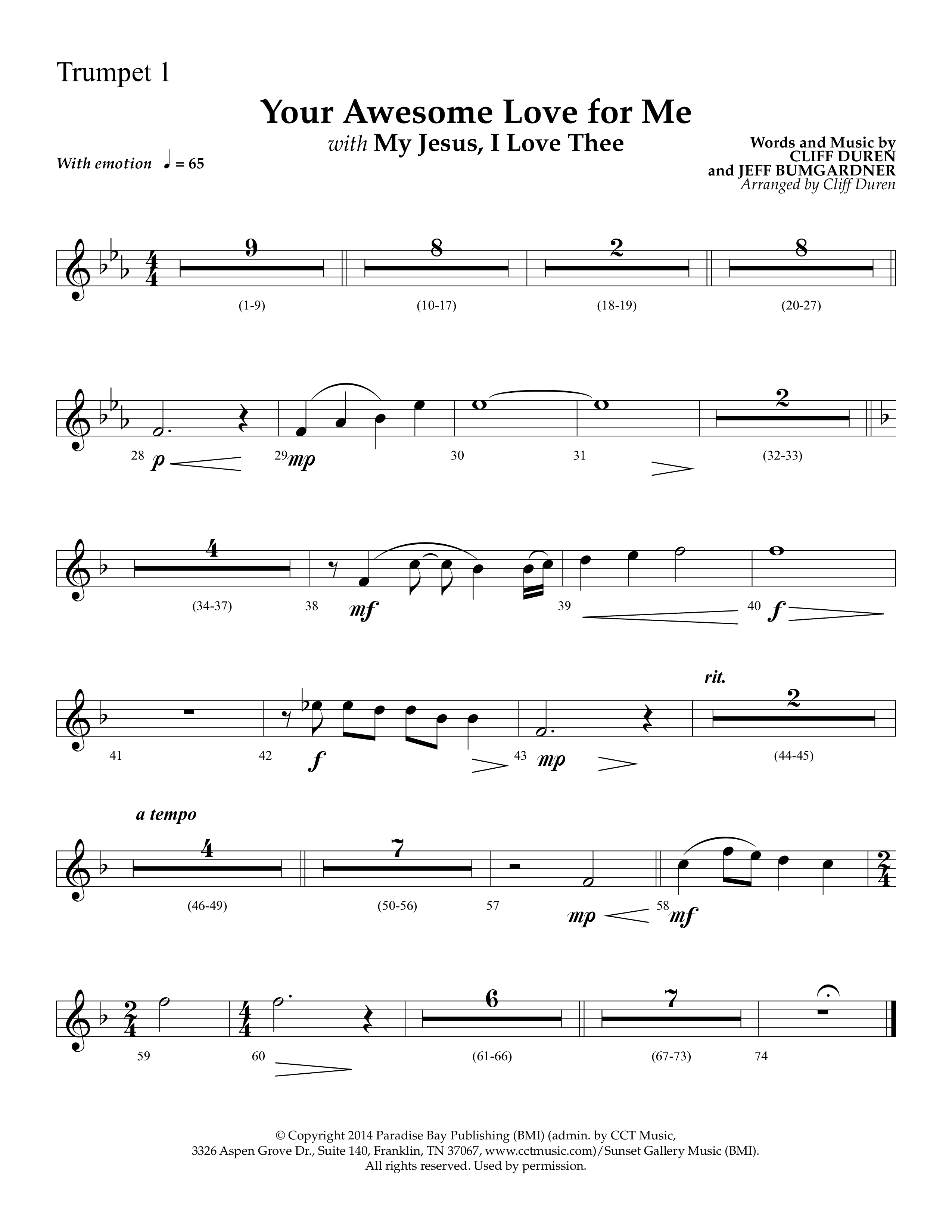 Your Awesome Love For Me (with My Jesus I Love Thee) (Choral Anthem SATB) Trumpet 1 (Lifeway Choral / Arr. Cliff Duren)