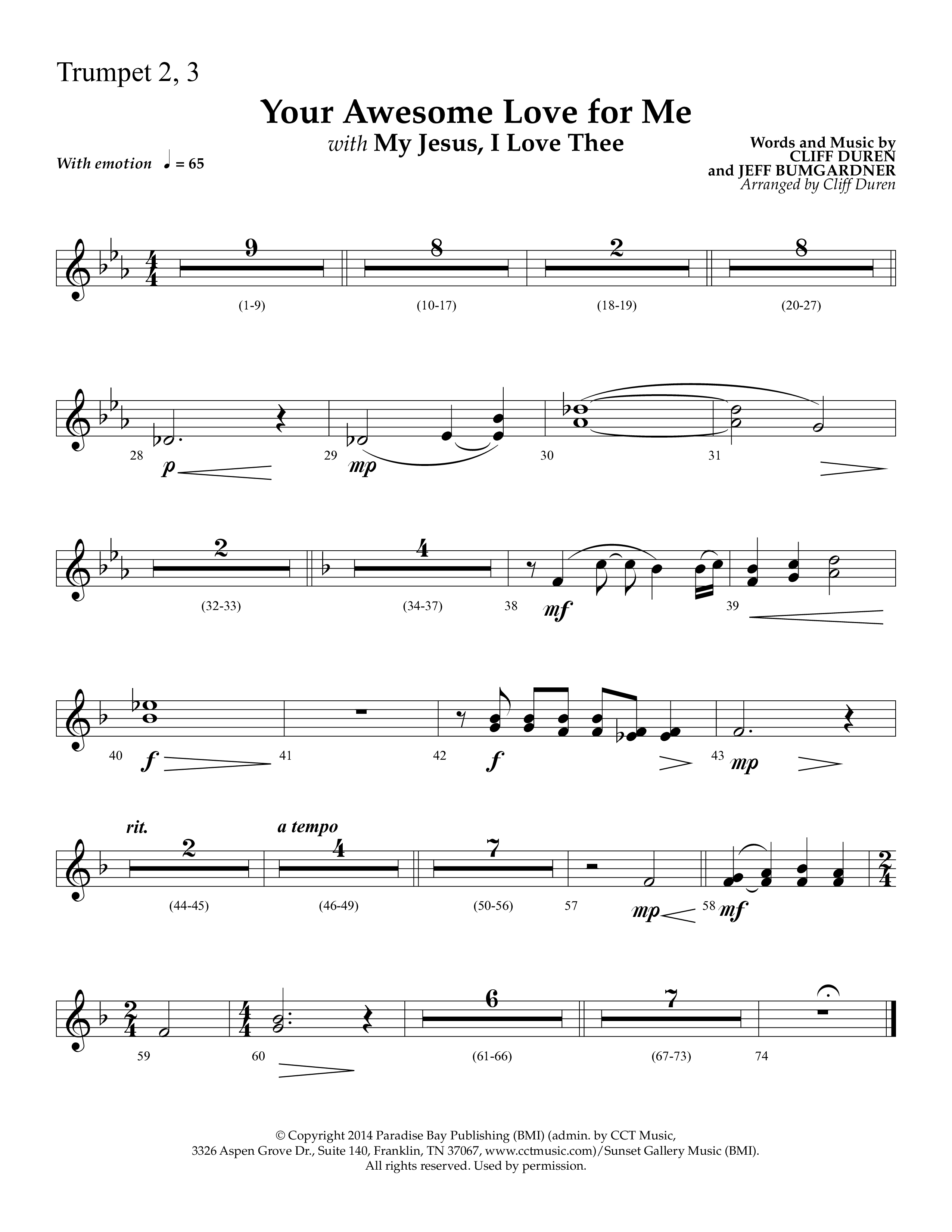 Your Awesome Love For Me (with My Jesus I Love Thee) (Choral Anthem SATB) Trumpet 2/3 (Lifeway Choral / Arr. Cliff Duren)
